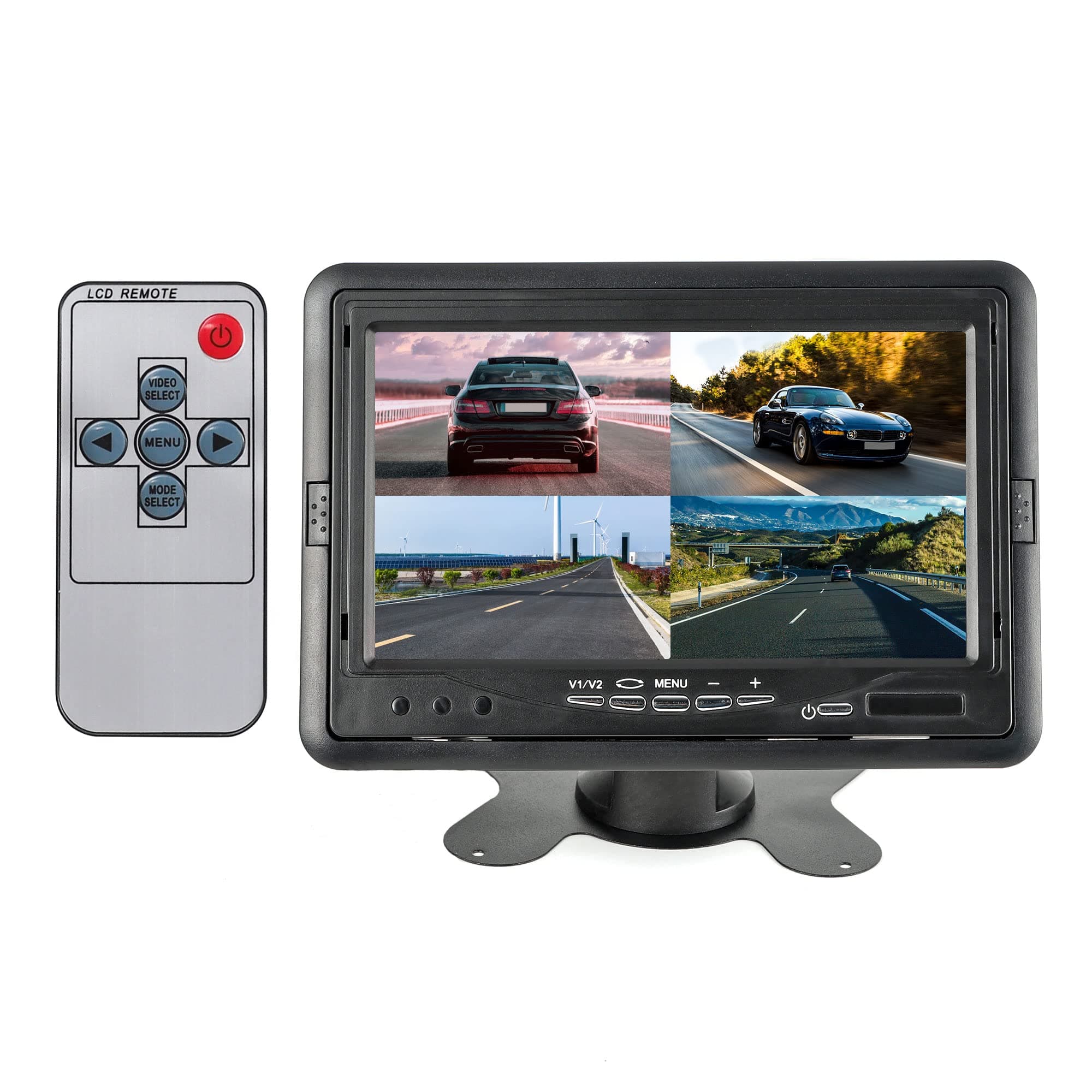 EWAY 7 Inch TFT LCD Monitor Quad Split View HD Full Color 7" Display Screen RCA Video Inputs Supports 4 Channels for Front Rear Side Backup Camera Rearview Reverse Reversing with Remote Control