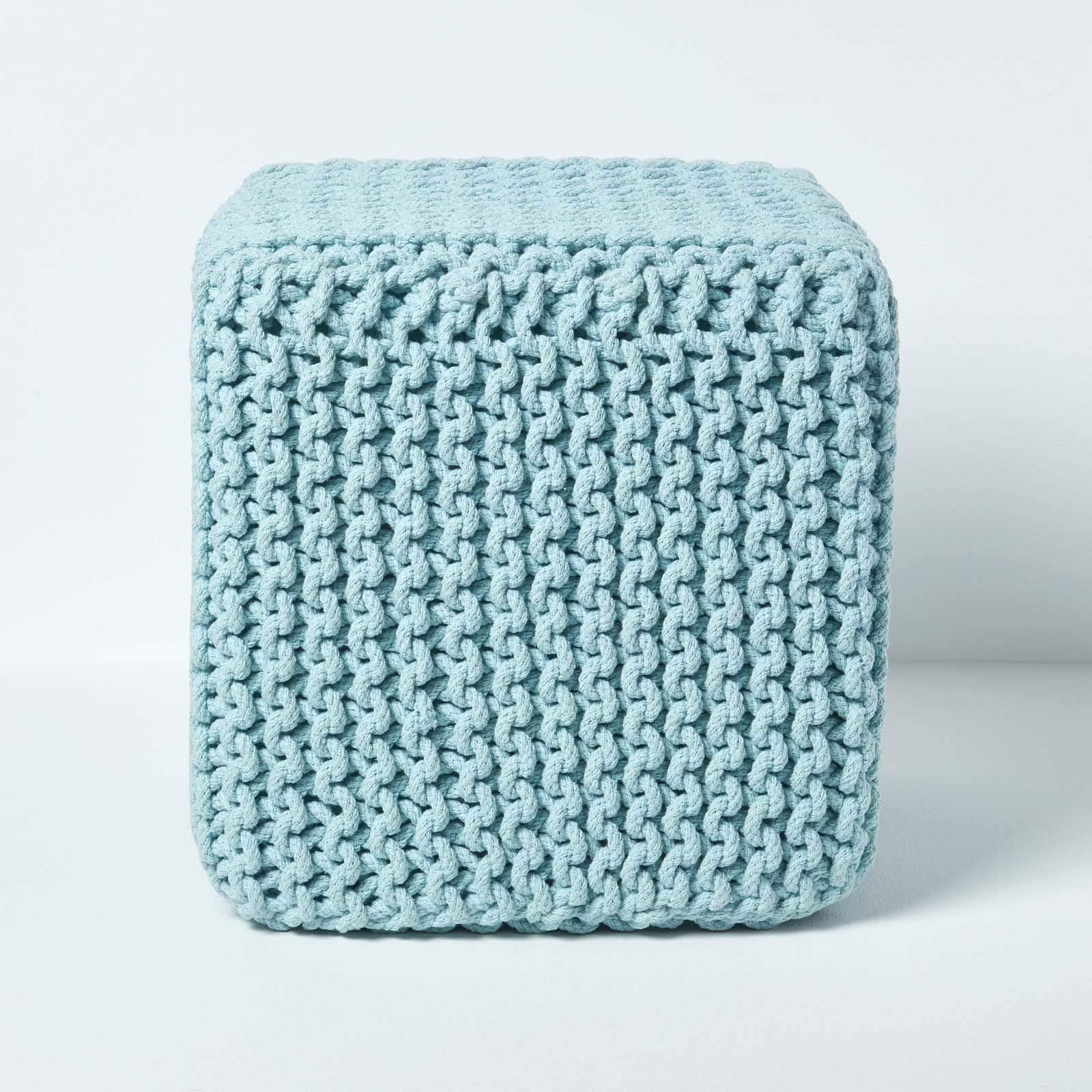 HOMESCAPES Duck Egg Blue Knitted Cube Footstool Bean Filled 100% Cotton for Living Room Children or the Elderly