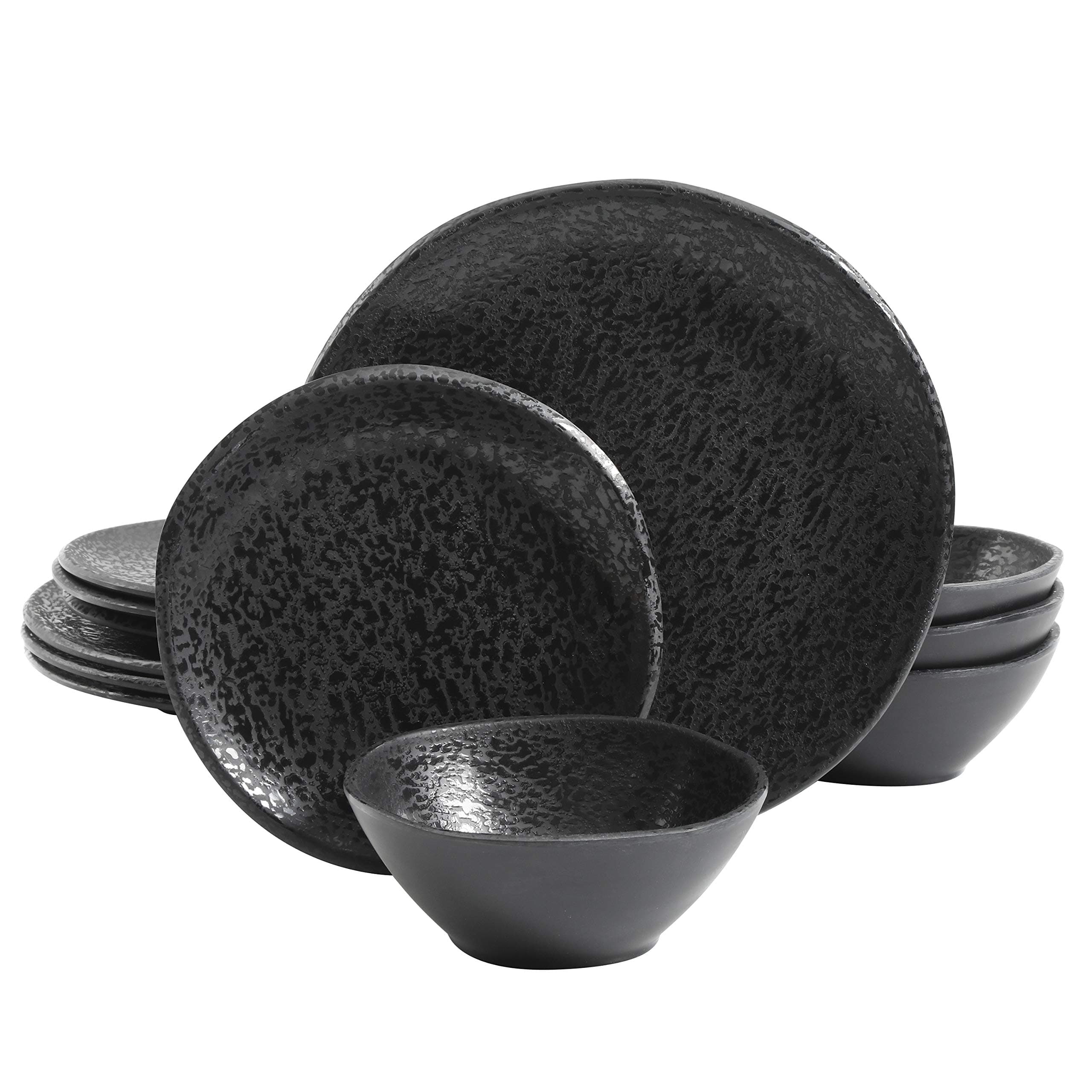Gibson Home Yoko Round Melamine Plastic Dinnerware Set, Service for Four (12pcs), Matte Black