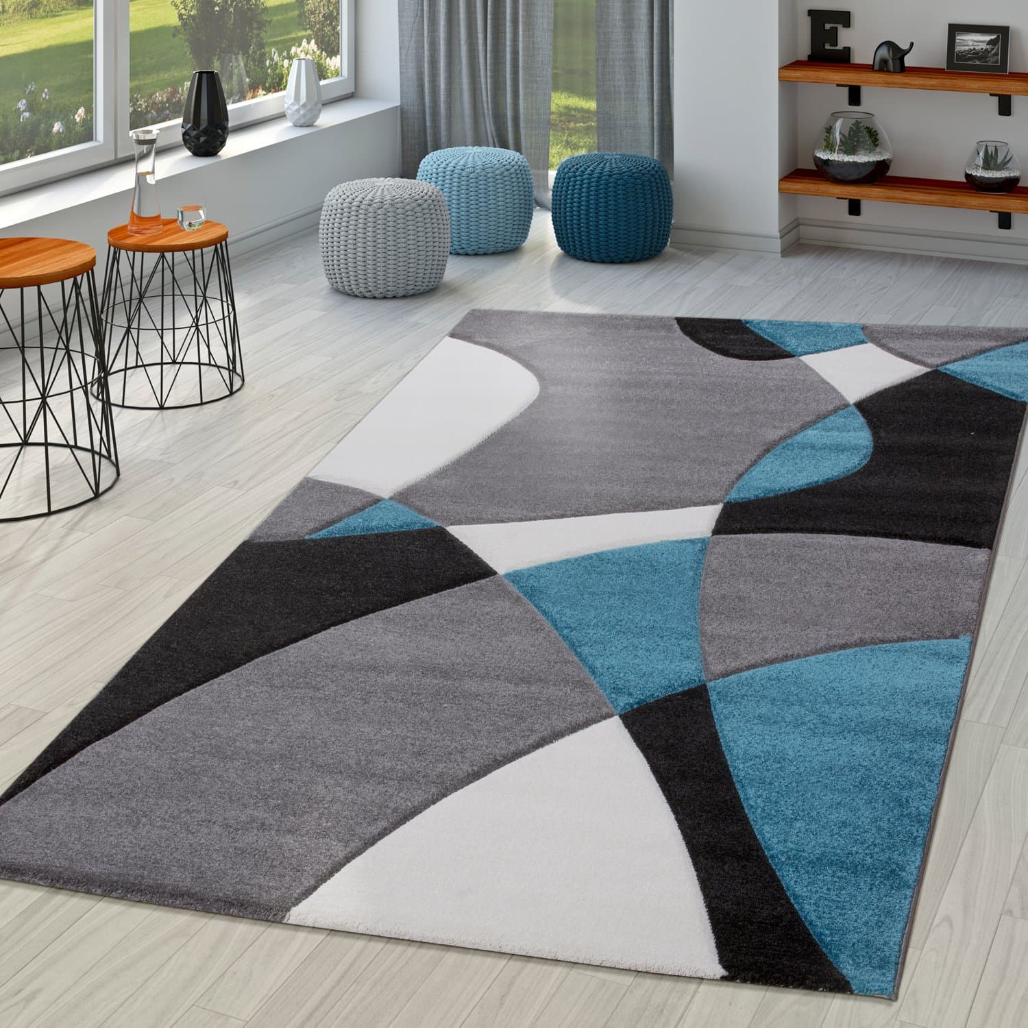 TT Home Large Rug Modern Short Pile 3D Look Geometric Wave Design, colour:Turquoise 3, Size:200x290 cm