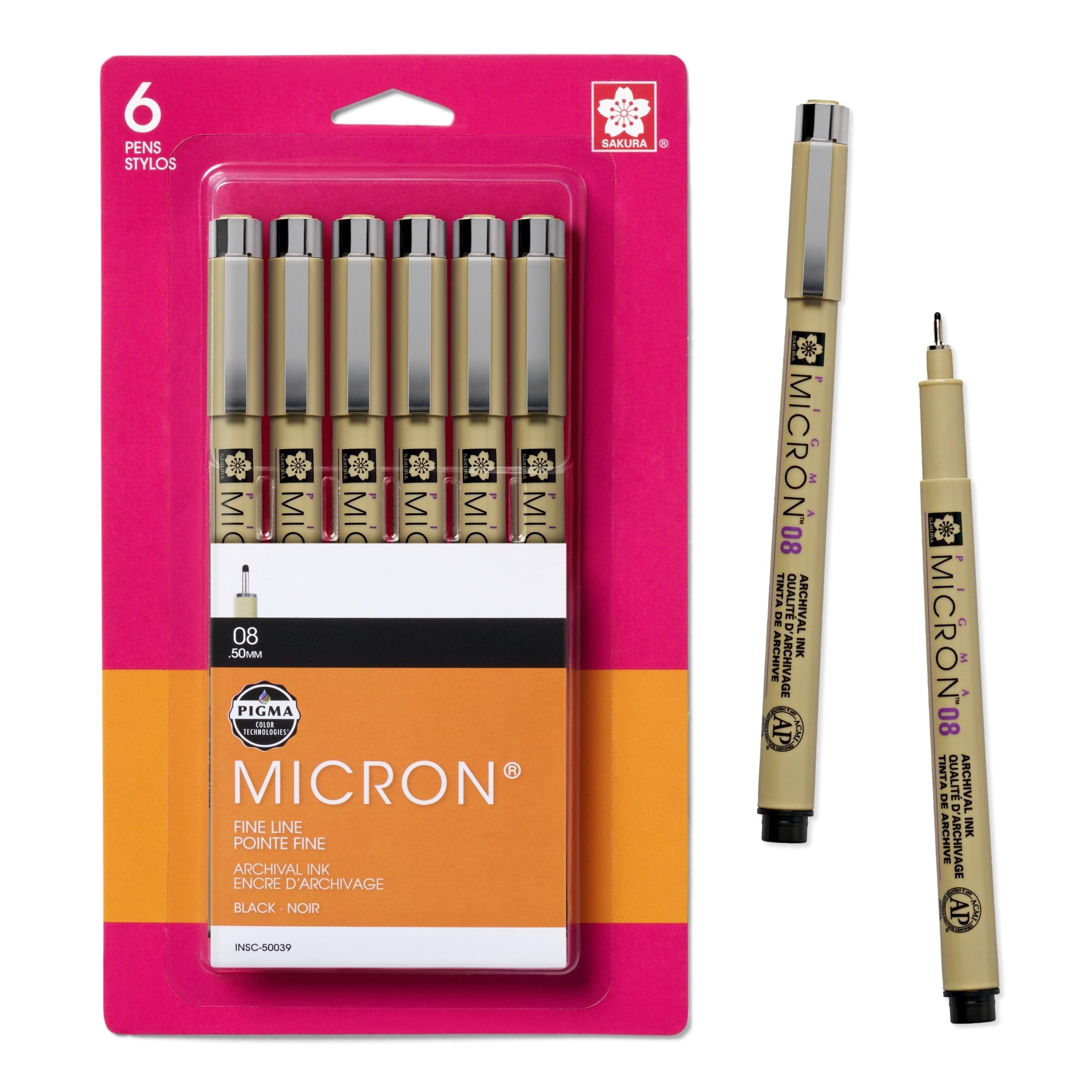 Sakura 50039 6-Piece Pigma Micron-08 Ink Pen Set, 0.50mm, Black