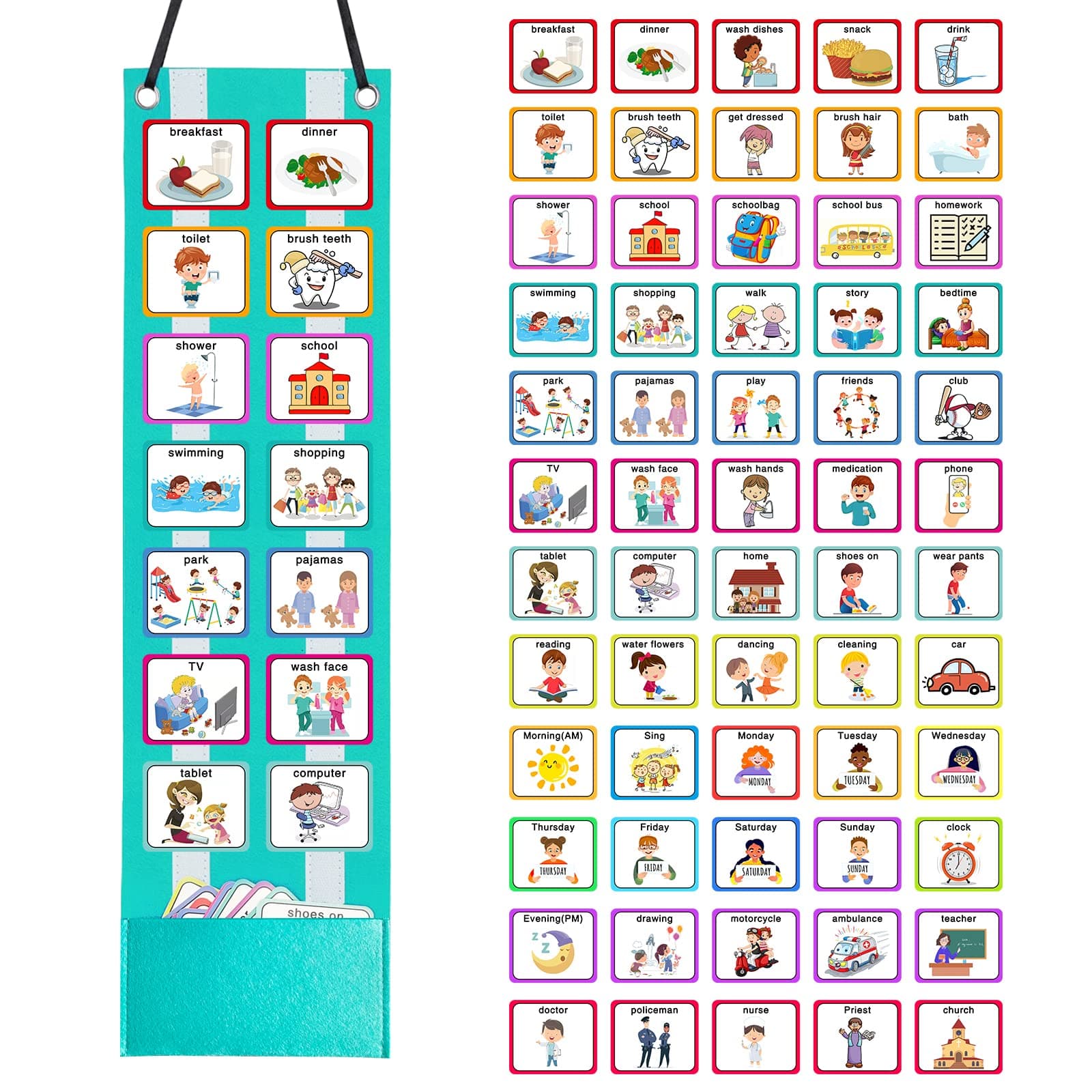 60 Pieces Visual Schedule Cards for Kids Classroom School,Removable Wall Planner Hook and Loop Dots by Create Visual Aids for Autism,ADHD, Aspergers, Send, Speech and Language(Green)