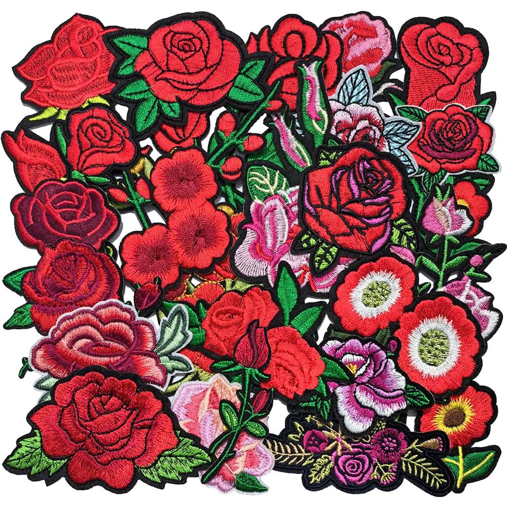 Qingxi Charm 24pcs Assorted Flowers Sewing on/Iron on Embroidered Patches Clothes Dress Hat Pants Shoes Curtain Bag Wallet Sewing Decorating DIY Craft Embarrassment Applique Patches(Flowers 24pcs)