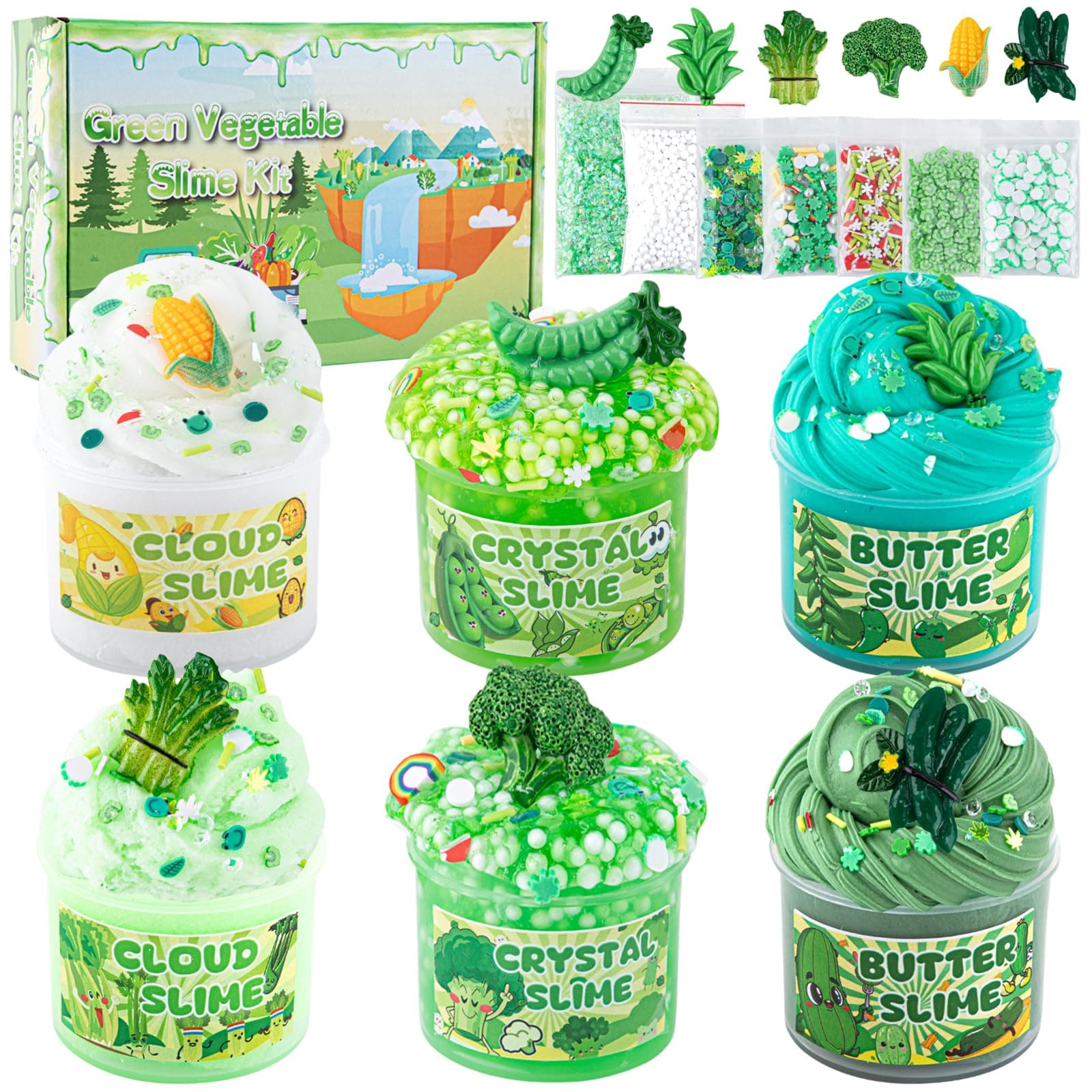 6 Packs Gradient Green Slime Kit - Cloud Butter Clear & Crunchy Slimes for Kids with Various Add-Ins, Non-Sticky Party Favors for Boys and Girls