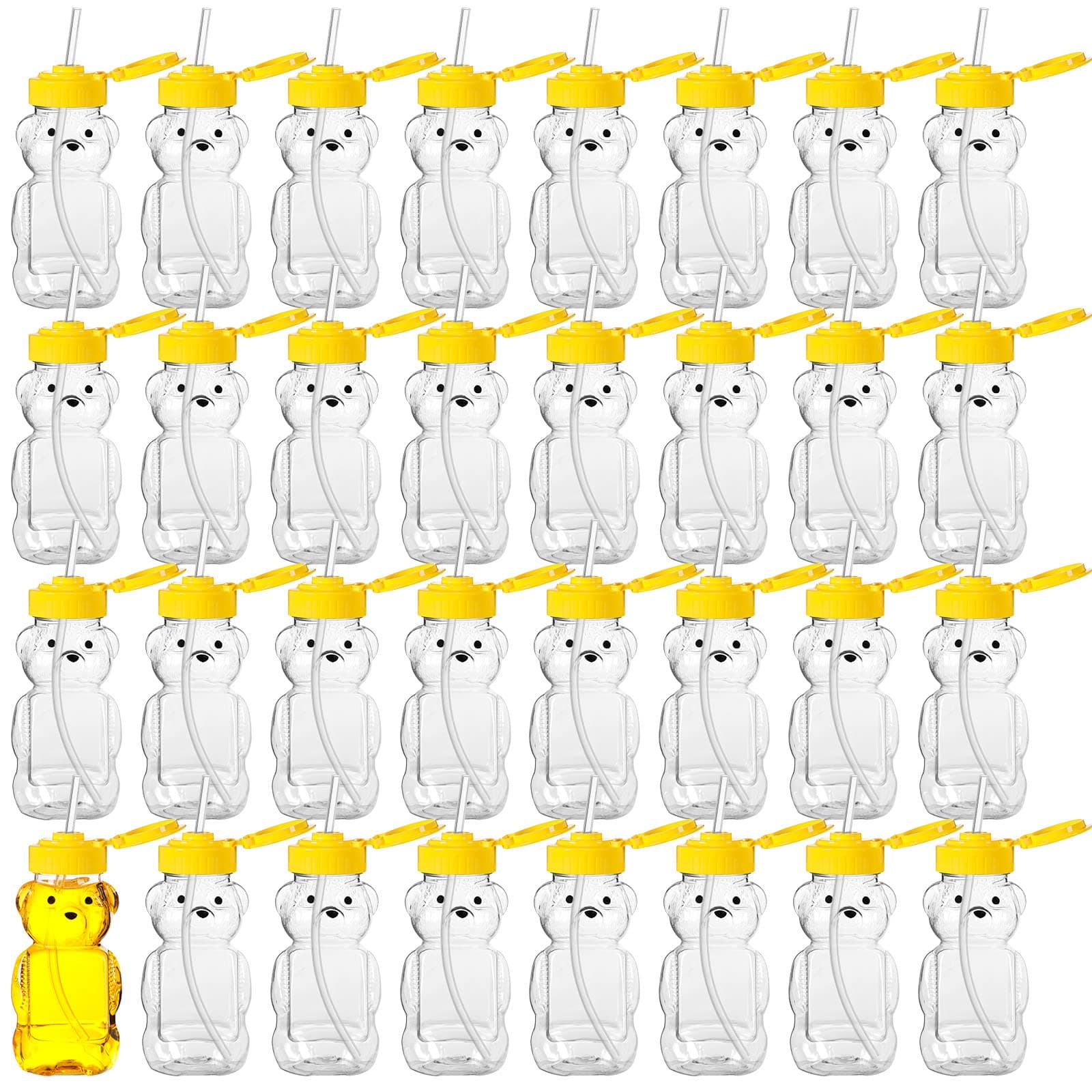 Thenshop 32 Pack Honey Bear Bottle with Straws Empty Plastic Cup Honey Jar Containers Bear Shaped Squeeze Bottle Storing and Dispensing Yellow Flip Top Lid Assistive Cups(6oz)