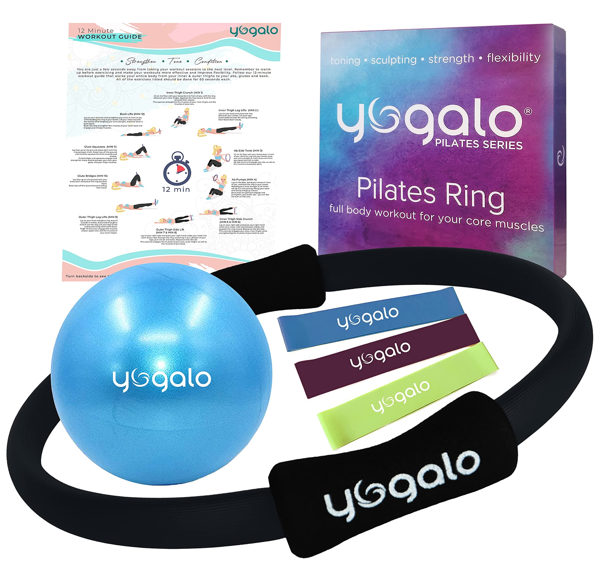 Pilates Ring and Ball Set with 3 Resistance Bands - Pilates Equipment for Home Workout - Magic Circle Pilates Ring 14 Inch to Tone, Sculpt and Strengthen - Fitness Ring for Yoga and Pilates