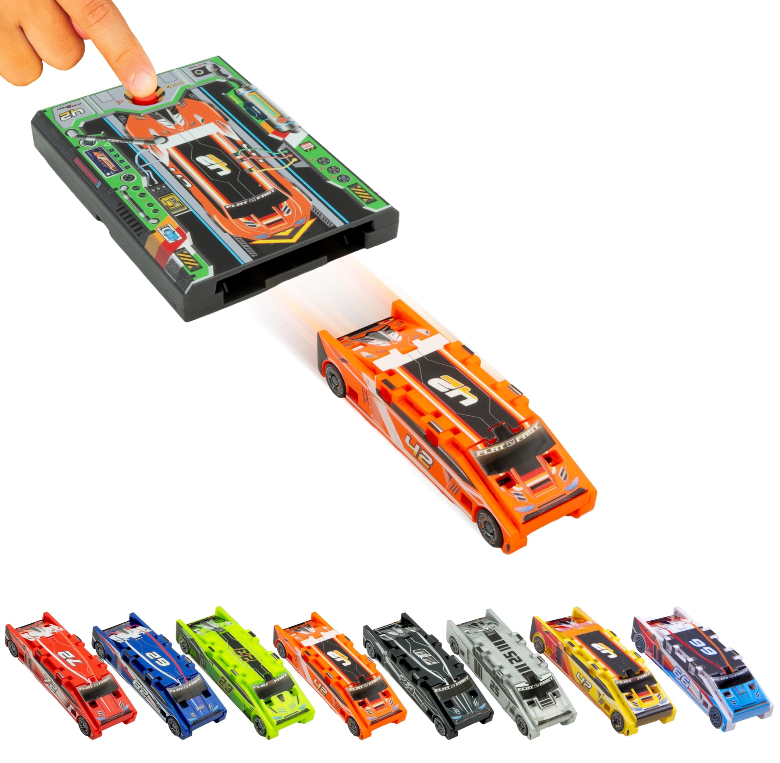 FLAT 2 FAST Original Stunt Card Racer – Flat Car Racer and Pocket Size Racecar Launcher with Built-in Button for Stunt Launching and Racing – Compact – Lava Orange
