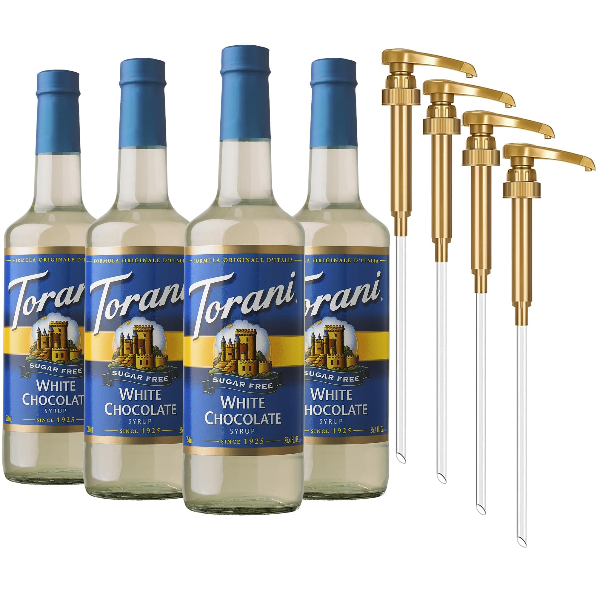 Torani Sugar Free Coffee Syrup, White Chocolate Flavored Syrup for Drinks, Zero Calorie, Glass Bottle 4-Pack, Pumps Included, 25.4 Fl Oz Ea