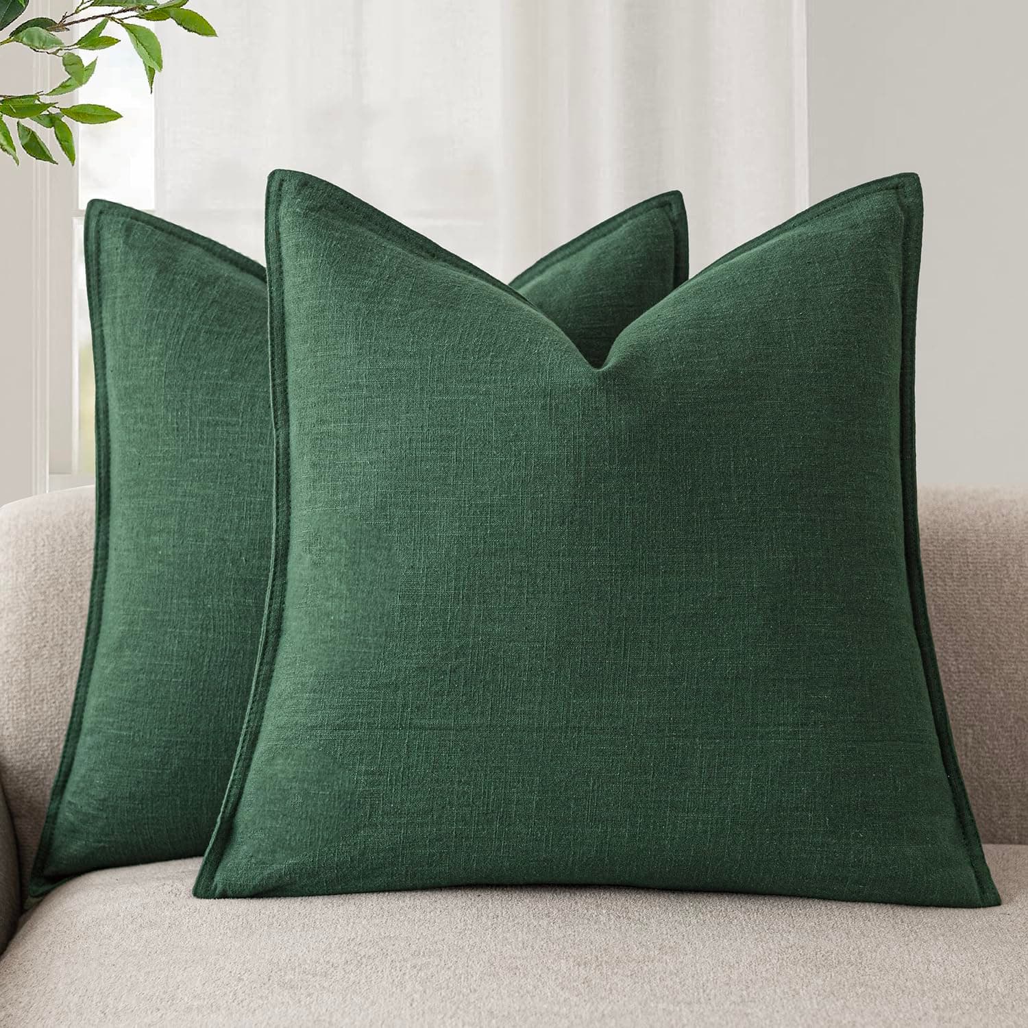 Foindtower Set of 2, Decorative Linen Soild Throw Pillow Covers Soft Accent Euro Cushion Case Farmhouse Neutral Pillowcase for Chair Couch Sofa Bedroom Living Room Home Decor 24 x 24 Inch Pine Green