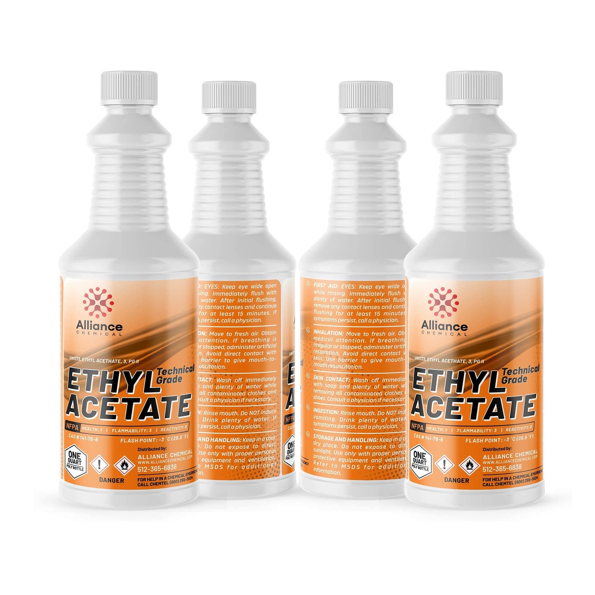 Ethyl Acetate - 1 Gallon - (4) 32 FL Oz Bottles - Paints, Varnishes, Lacquers, Extraction, Cleaning, and Perfumes - Domestically Sourced - Made in America - Alliance Chemical