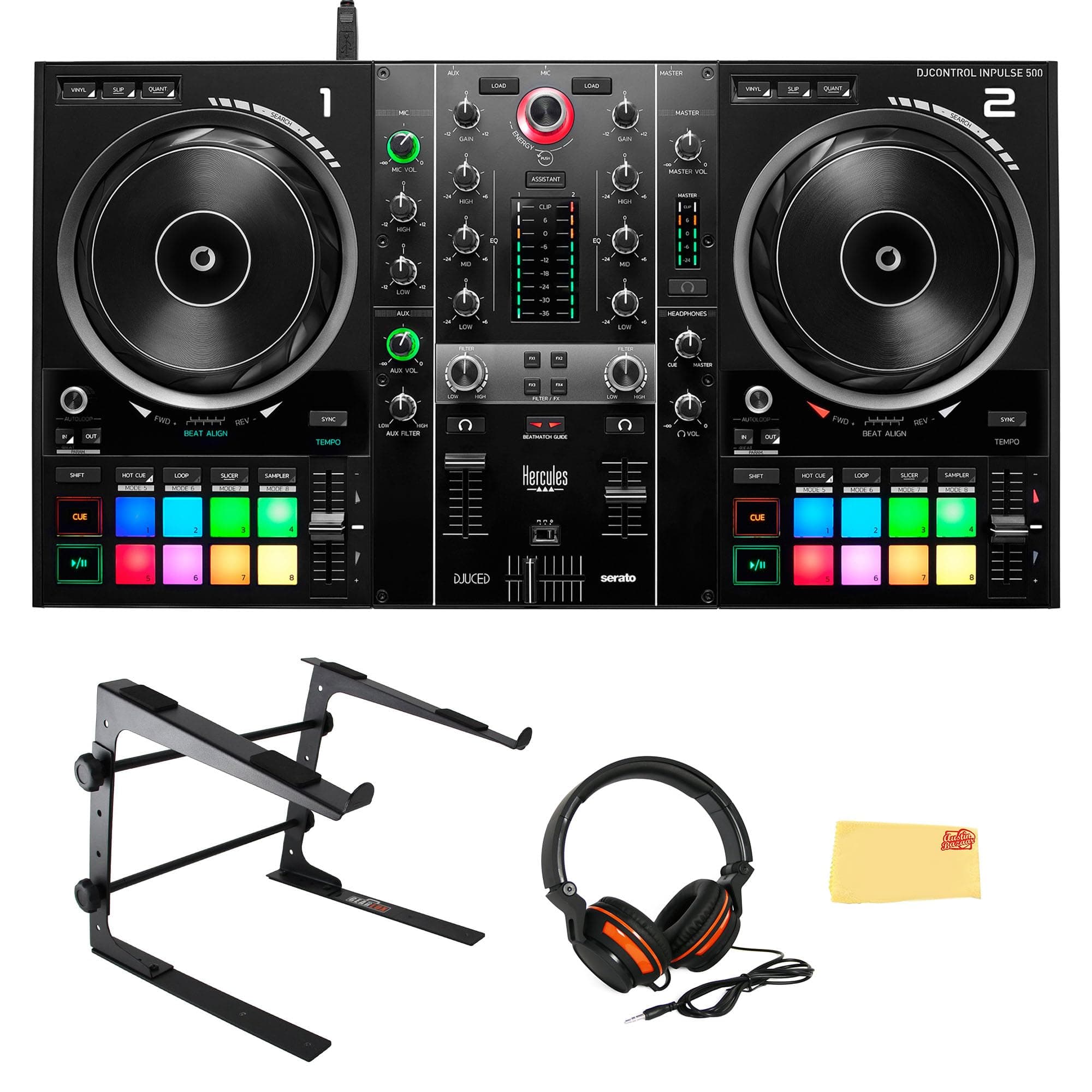 Hercules DJ Control Inpulse 500 Bundle with DJ Laptop Stand, Headphones, and Austin Bazaar Polishing Cloth