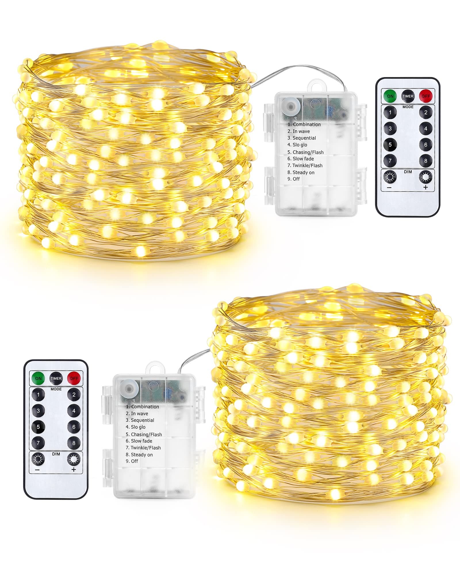 Qedertek Battery Fairy Lights, 2 Pack 33ft 100 LED Christmas String Lights, Waterproof 8 Modes Copper Wire String Lights with Remote and Timer for Christmas Wedding Bedroom Decorations (Warm White)