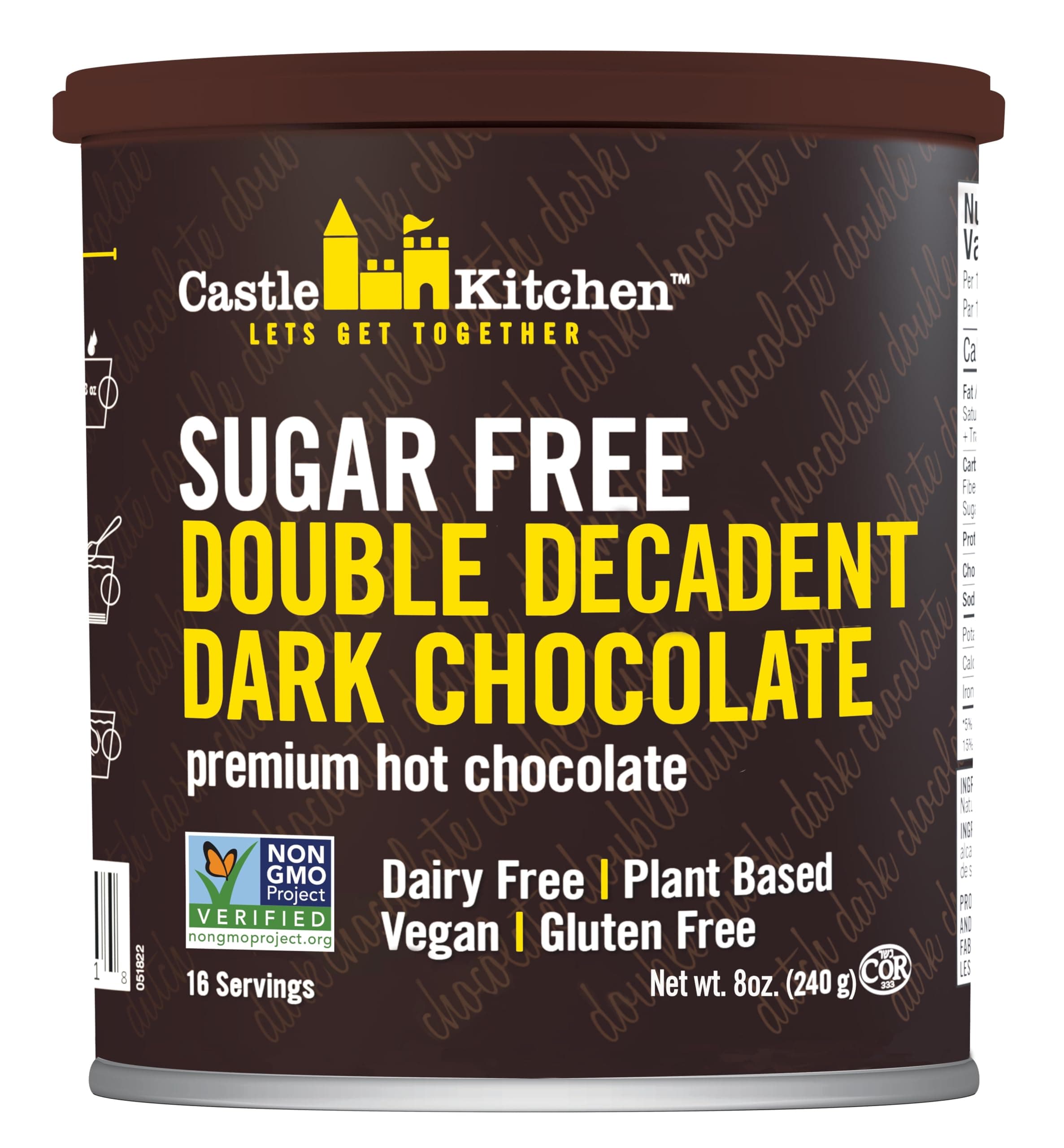 Castle Kitchen Sugar Free Double Decadent Dark Hot Chocolate - Premium Plant Based, Dairy Free, Gluten-Free Vegan Hot Coca Mix - Just Add Water - 8 oz Can