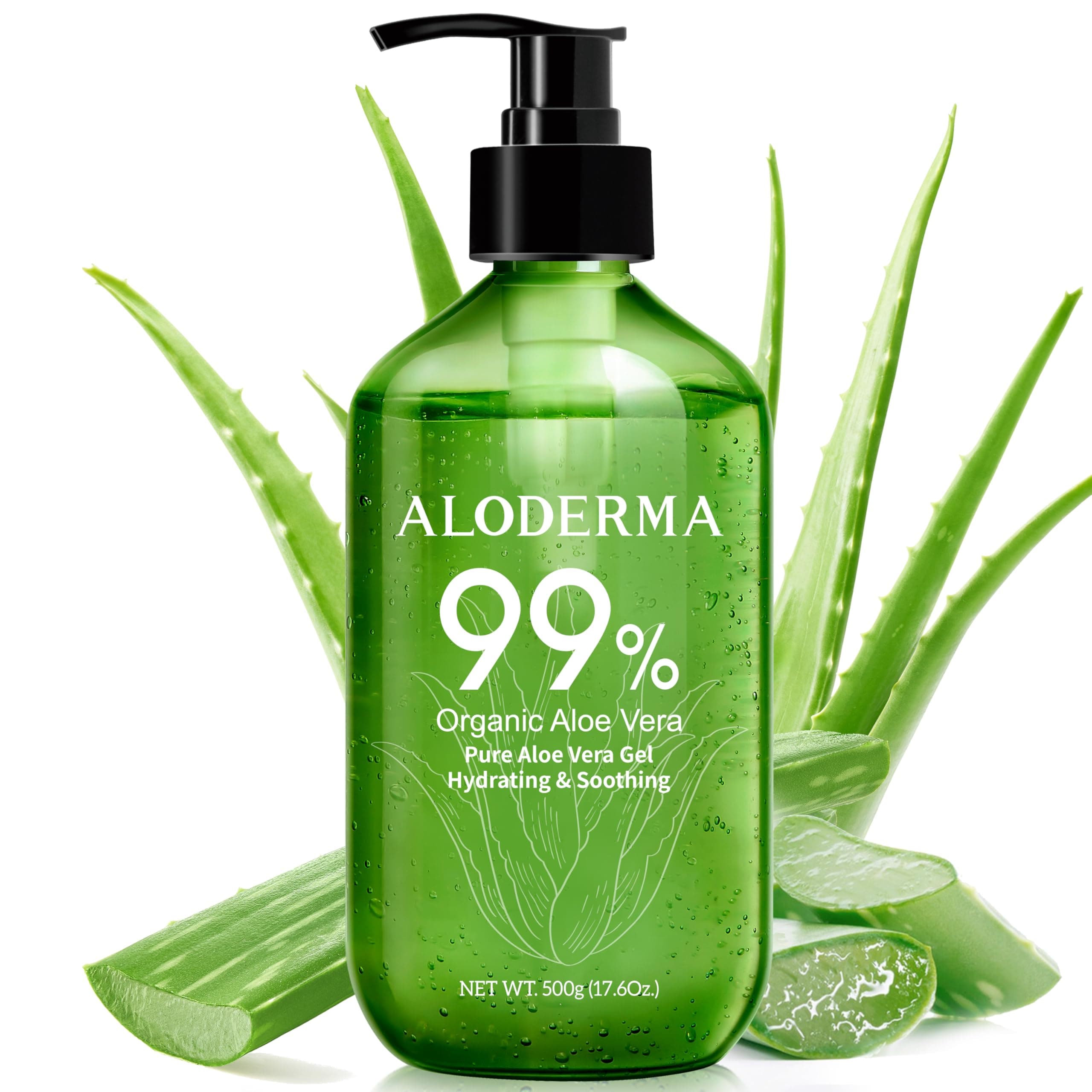 Aloderma Aloe Vera Gel - Large 17.6oz Value Pump - Made within 12 Hours of Harvest with 99% Organic Aloe Vera, Lightweight, Non-Sticky for Sunburns, Natural, Soothing Aloe Vera for Face & Hair