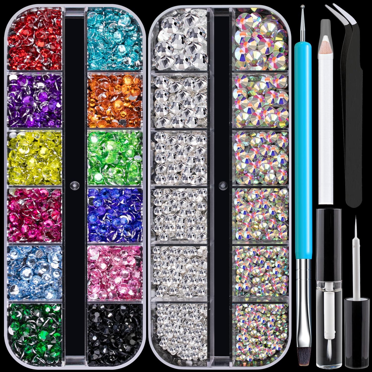 Colorful Face Gems Kit with Makeup Glue, 2.4-6mm AB&Clear Glass Round Flatback Crystal + 2-5mm Resin Rhinestones for Eye Hair Makeup Body Art Manicure DIY Crafts with Dot-Brush Pen, Pickup Tools