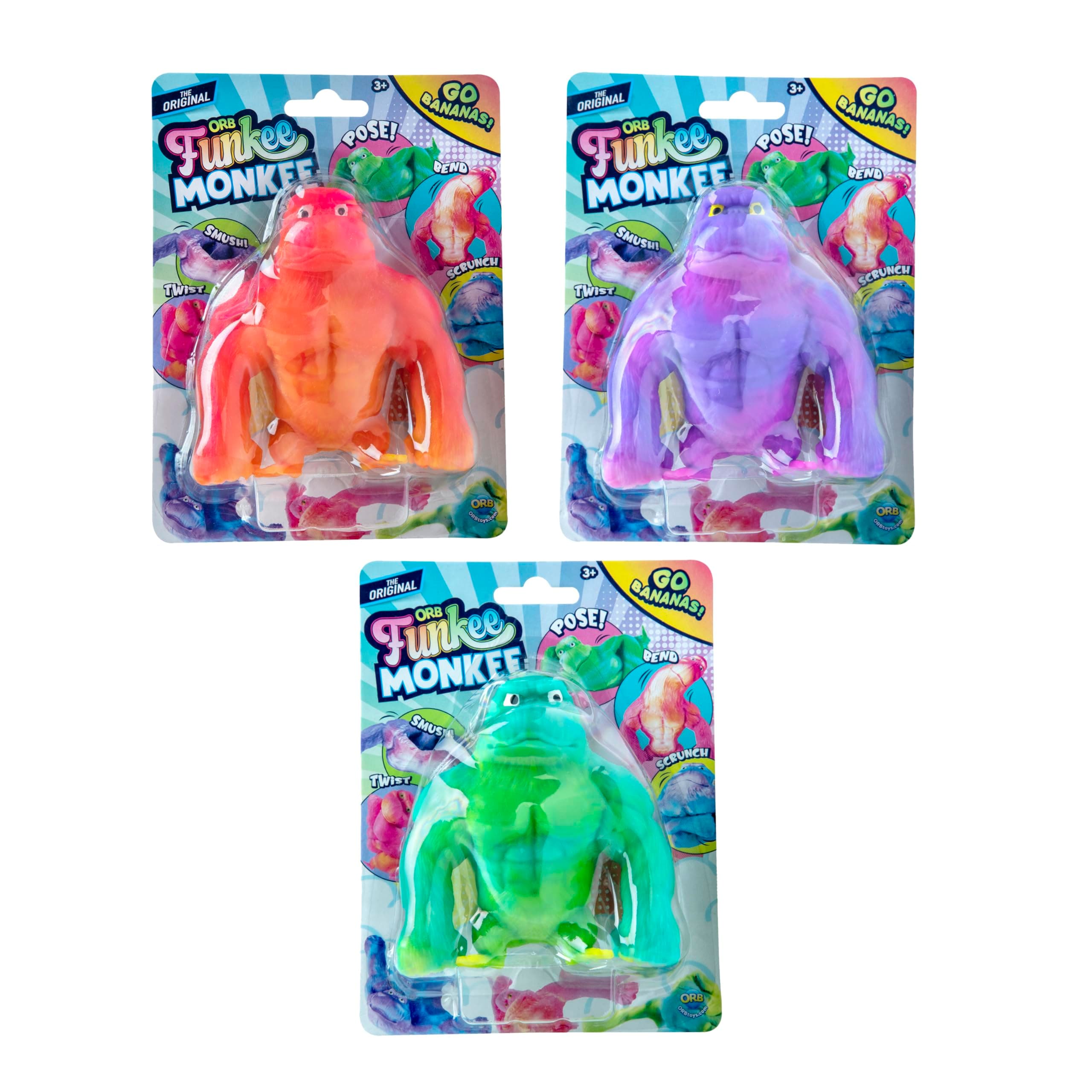 ORB Funkee Monkee MEGA 3 Pack - Funny, Stretchy, and Squishy Monkeys, Perfect to Squeeze for Stress Relief - Original Sensory / Fidget Collectible Toys for Kids and Adults