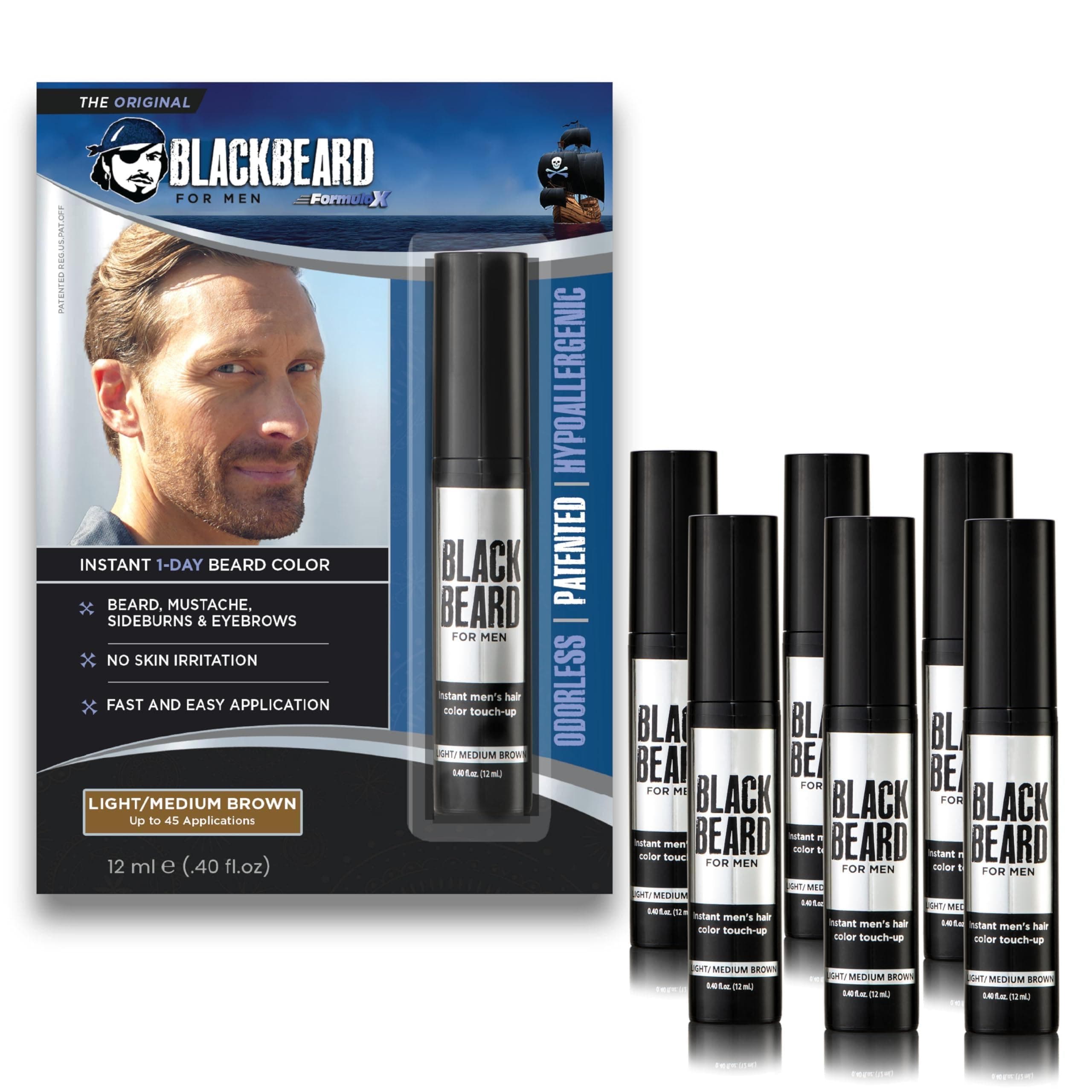 Beard Color – 1-Day Beard, Mustache, Eyebrow, Sideburns Color – Temporary Facial Hair Tint - Hypoallergenic Beard Dye Alternative – Up to 45 applications– Light/Medium Brown, 6 Pack