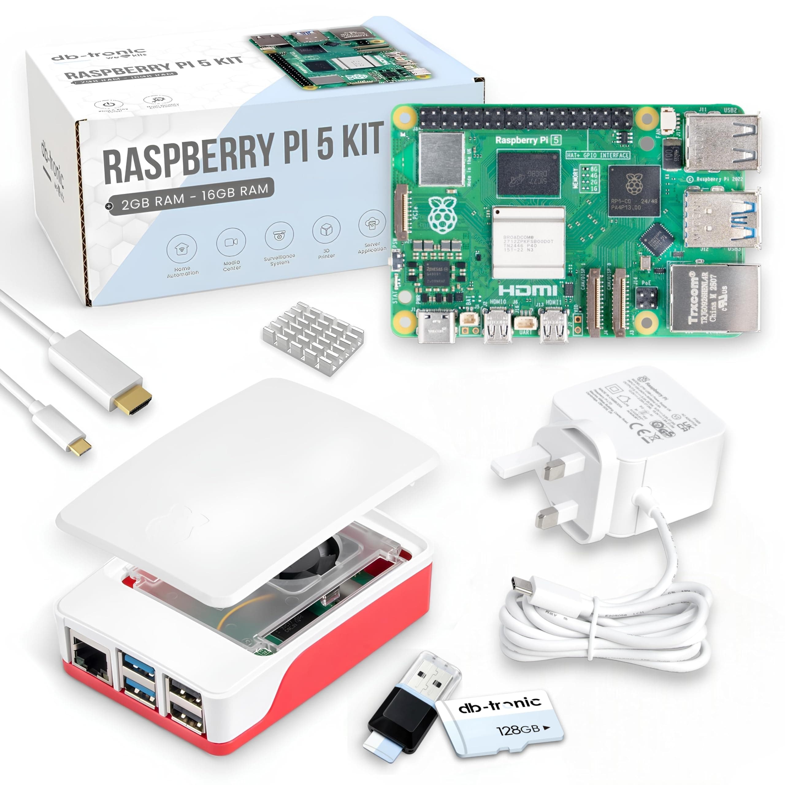 Raspberry Pi 5 8GB Starter Kit | 128GB Edition | 27W Power Supply | Case with Cooling Fan | Heatsink | 4K Micro HDMI Cable | Ideal for Smart Home, Retro Gaming & Home Assistant