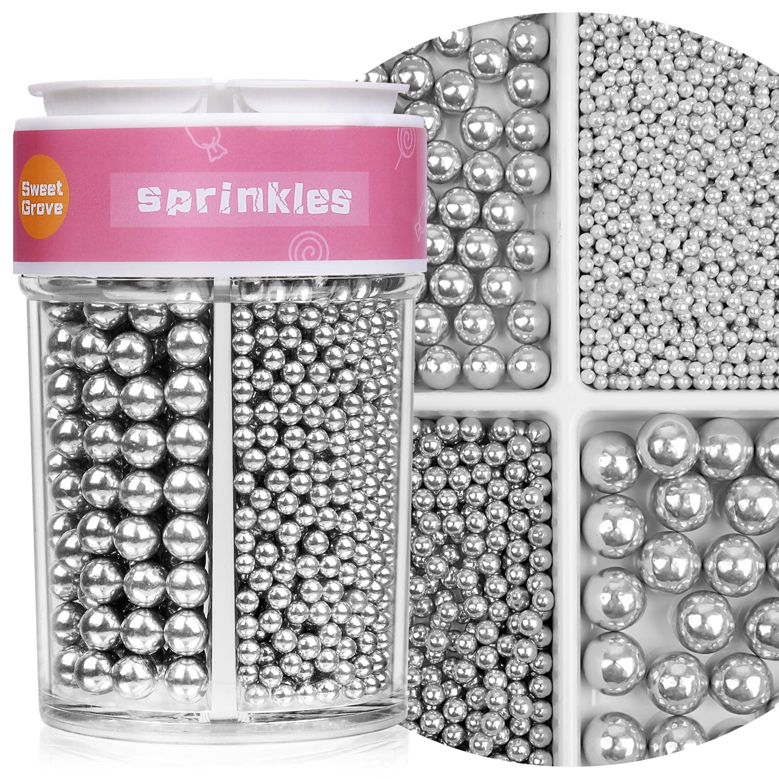 Silver Sprinkles, Edible Pearls for Cake Decorating, 7.8oz Sugar Candy Pearls for Baking, Cookie Decorations & Cupcake Topper, Wedding Shower Party Christmas Supplies (Silver, 4 Sizes Mix)