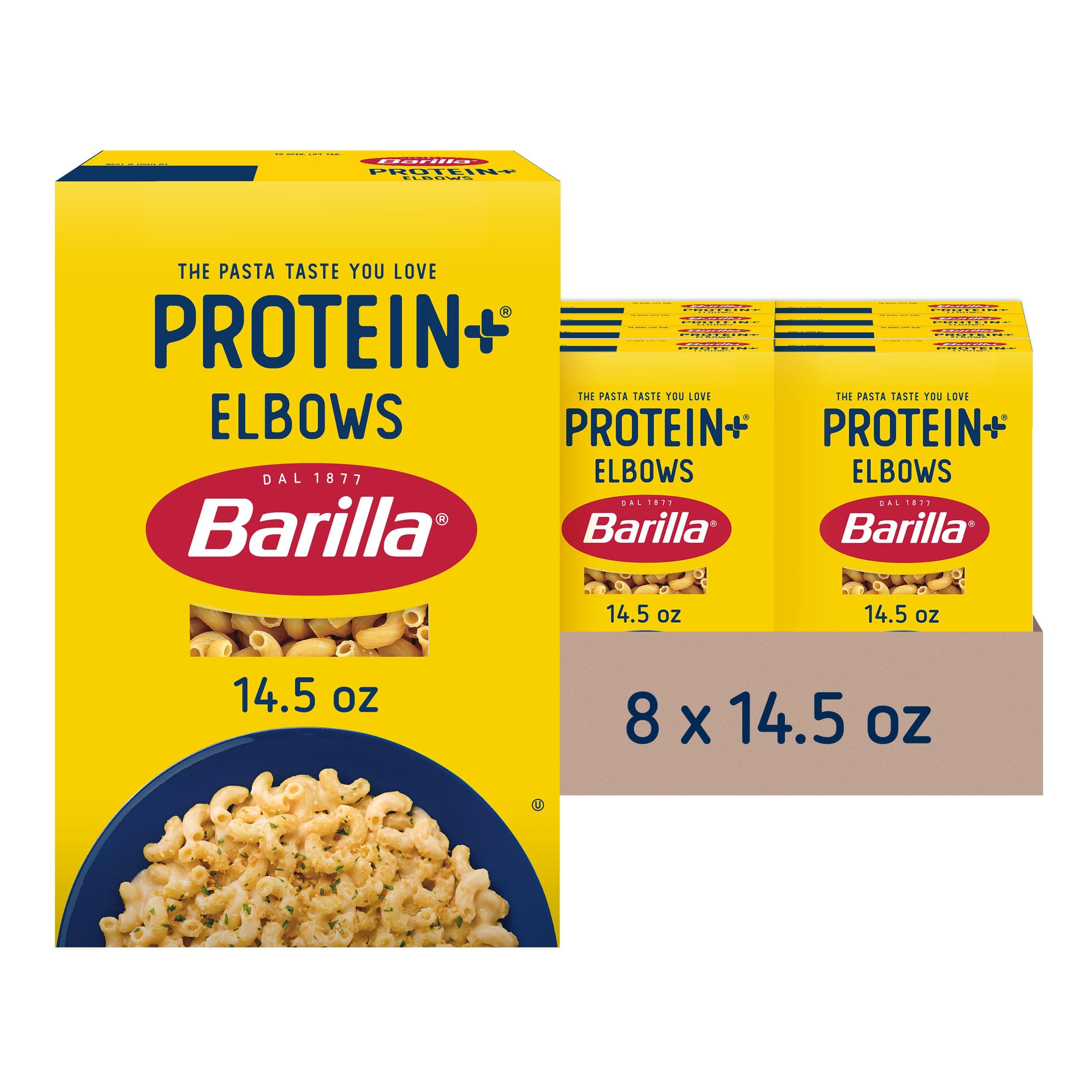 BARILLA Protein+ (Plus) Elbows Pasta, 14.5 Ounce (Pack of 8) - plant based pasta - Made from Lentils, Chickpeas & Peas - Non-GMO, Kosher Certified and Vegan