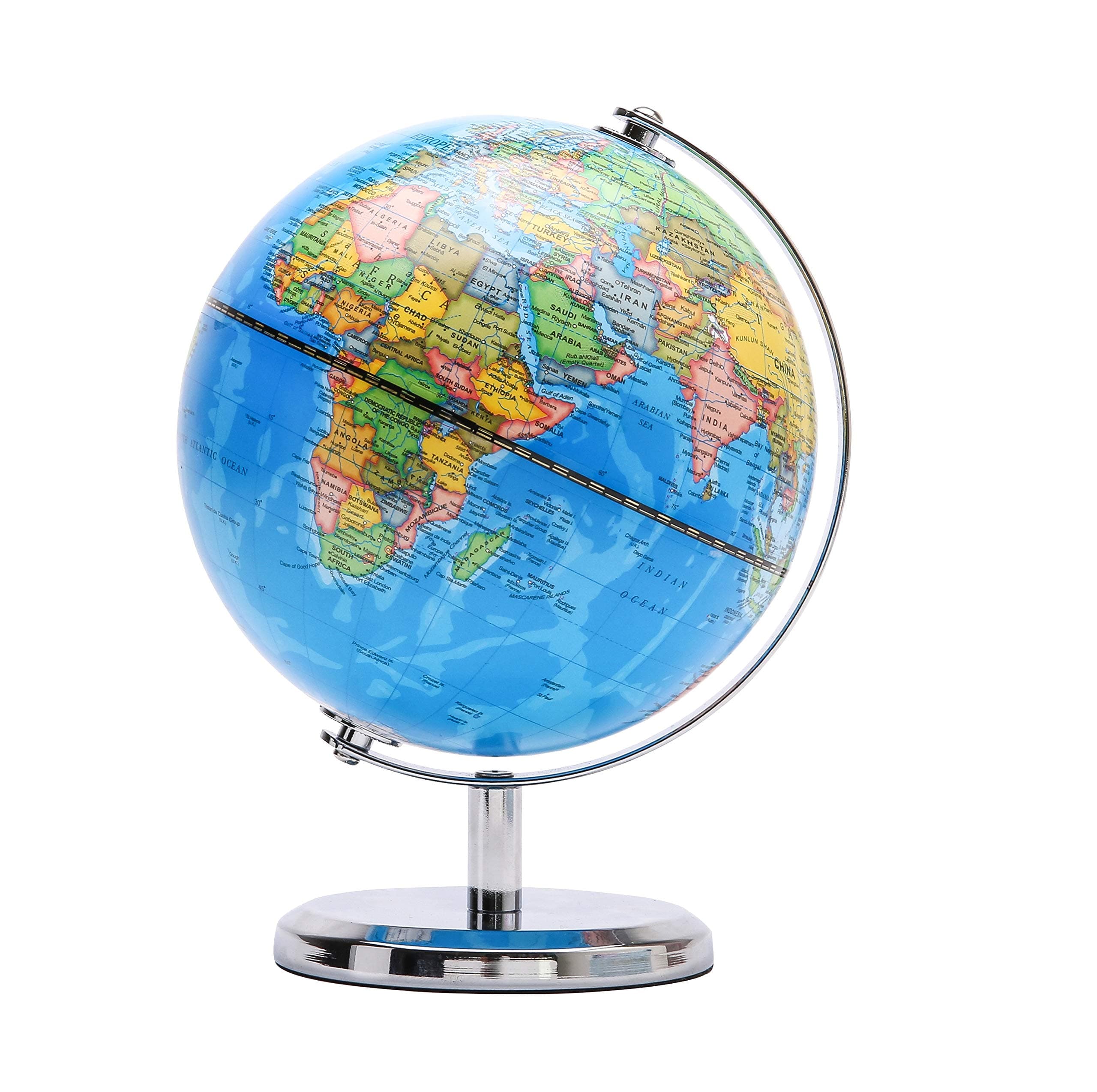 Exerz 14cm World Globe Political Map Mini Globe - English Map - Educational/Geographic/Modern Desktop Decoration 14cm Diameter - Stainless Steel Arc And Base - School, Home, And Office