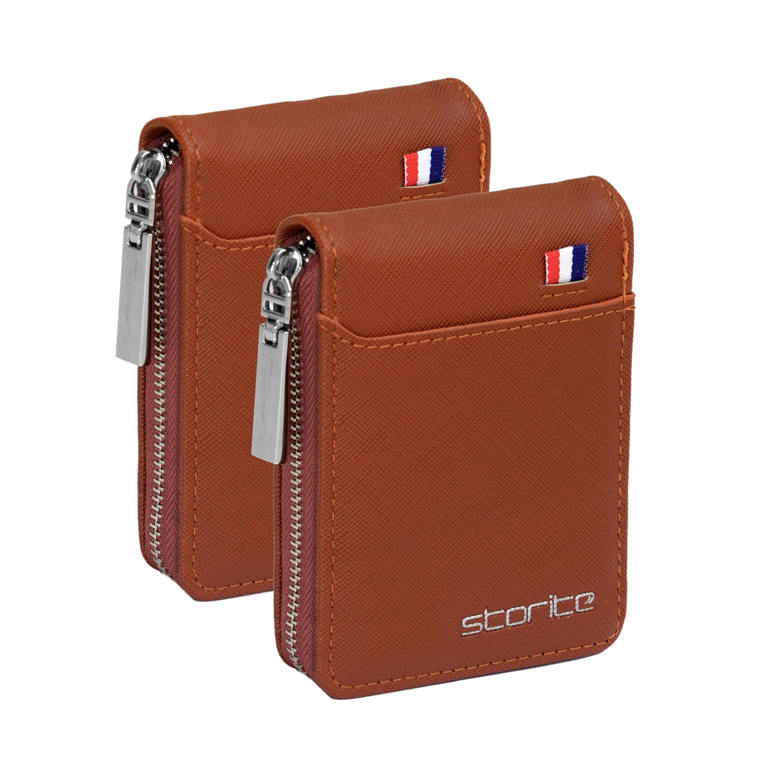 PU Leather 2-Pack Credit & Debit Card Holder Wallet | 9 Slot Vertical Zipper Coin Purse for Men & Women – Light Brown (11.5 x 2 x 8 cm)- Casual