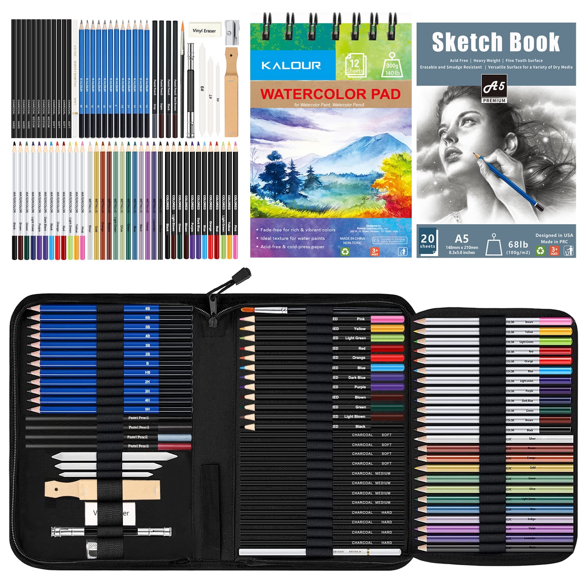74 Pieces Assorted Drawing Pencils Set - 12 Sketch Pencils, 12 Charcoal Pencils, 12 Watercolor Pencils, 12 Colored Pencils, 12 Metallic Pencils, 12 Other Drawing Accessories