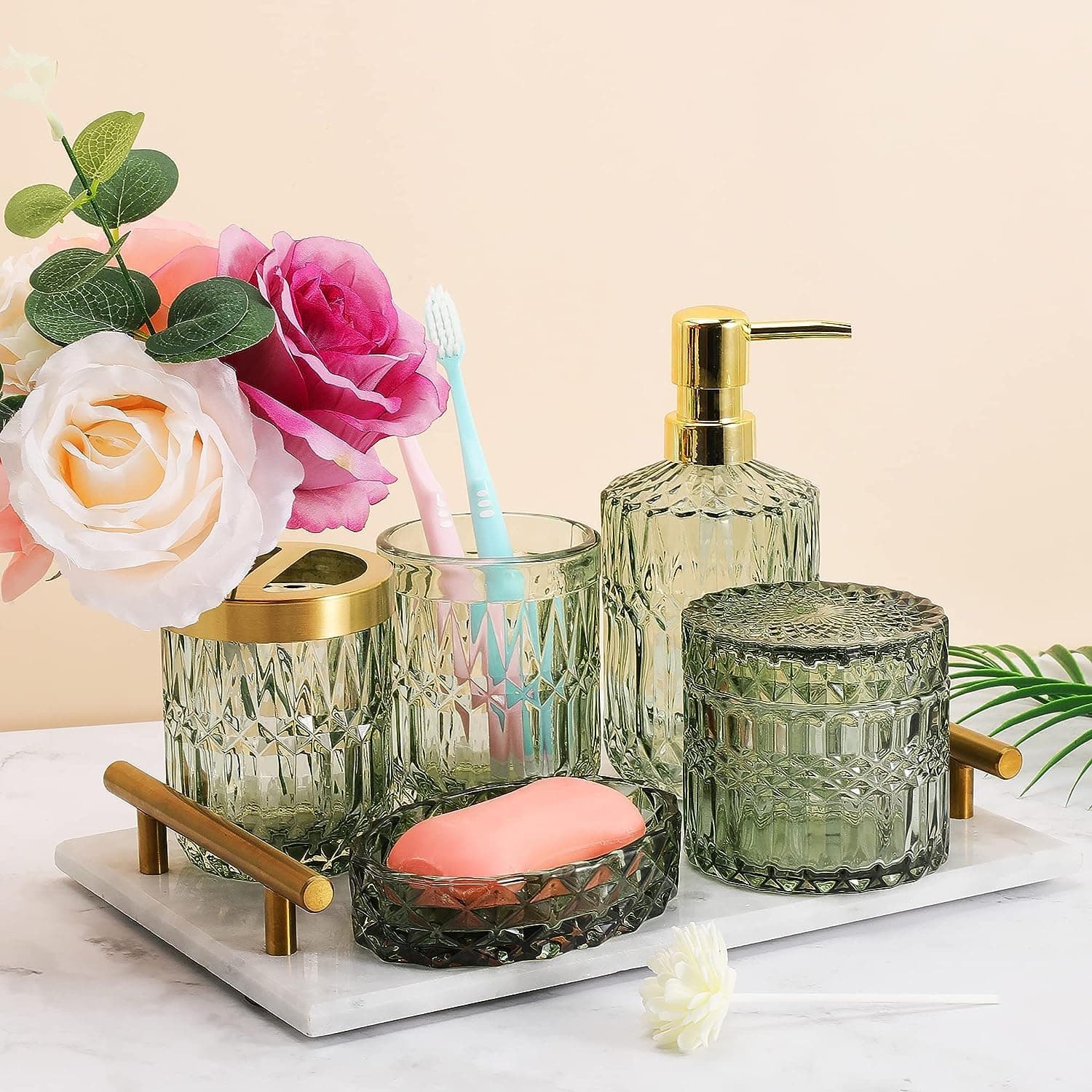 MILLTO 5pcs Glass Bathroom Accessory Set, Retro-Modern Bathroom Decor Sets with Crystal Clear Diamond Design, Toothbrush Holder, Tumbler, Soap Dispenser, Soap Dish and Cotton Swabs Jar (Green)