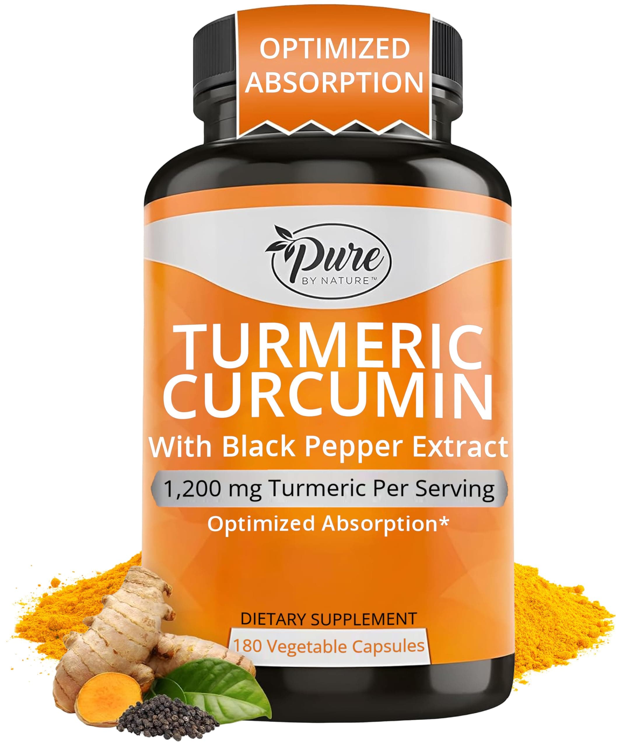 Turmeric Curcumin with Black Pepper Extract 10 mg Capsules, 1200 mg per Serving, Organic, High Absorption Antioxidant Support (180 Count)