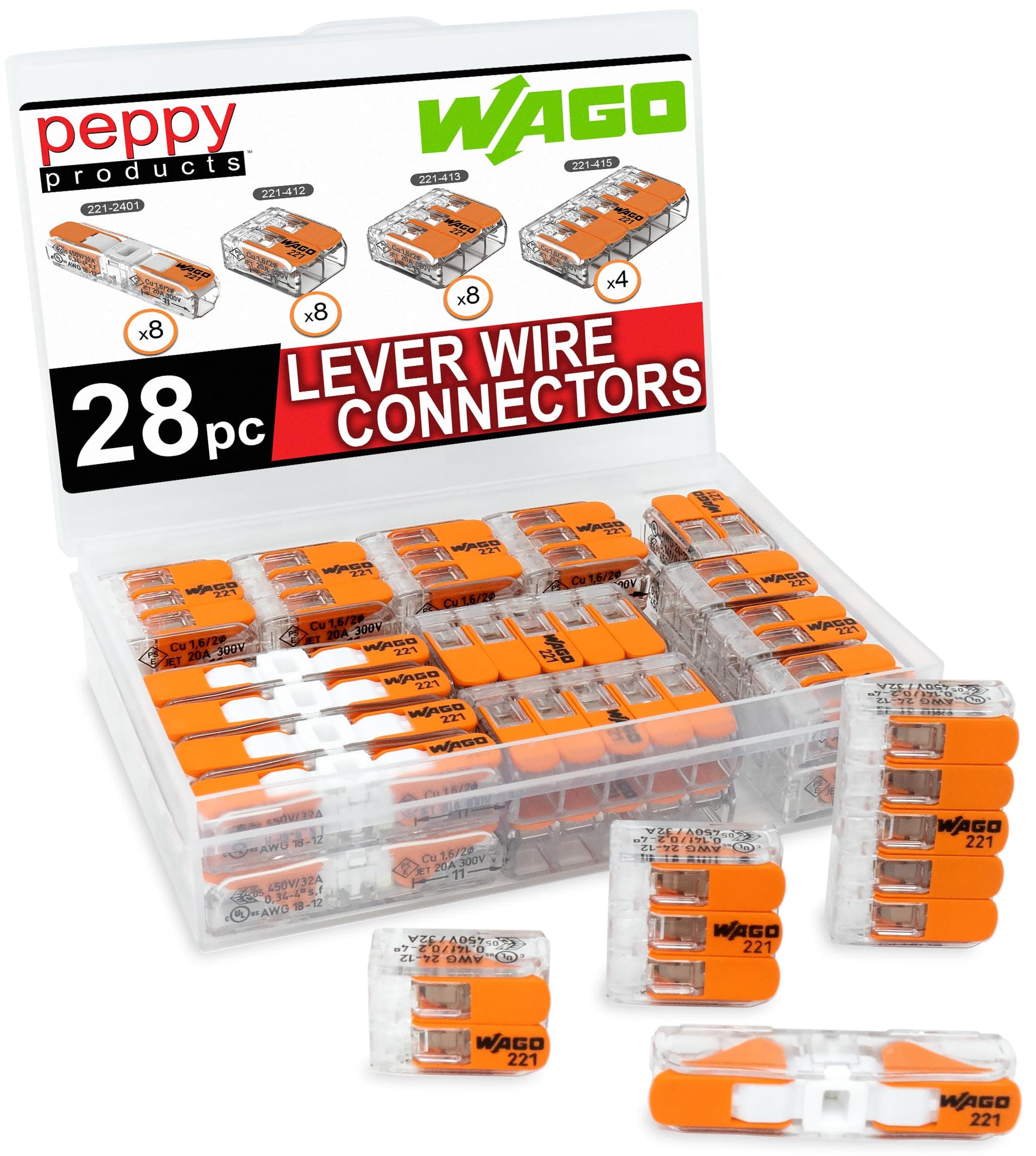 WAGO 221 Lever Nut 28 Pack Compact Splicing Wire Connector Assortment with Case | (8X) 221-2401, (8X) 221-412, (8X) 221-413, (4X) 221-415