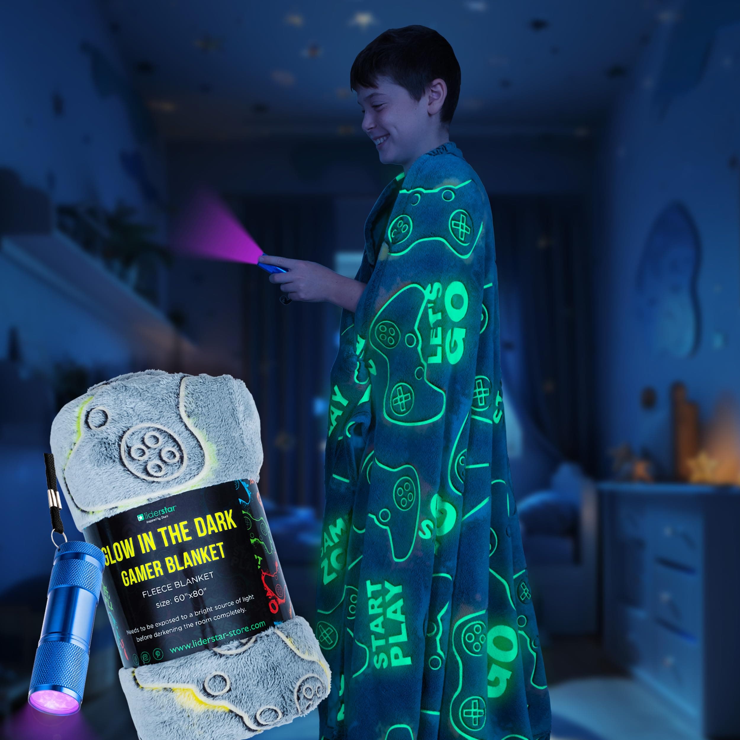 Glow in The Dark Blanket, Plush Gaming Blanket, Large Size: 60 x 80 inch Soft Throw, Gamer Gifts for Kids Teens Adults, Gamer Room Decor, Luminous Video Game Blankets, Boys Toys,Valentines Day Gift