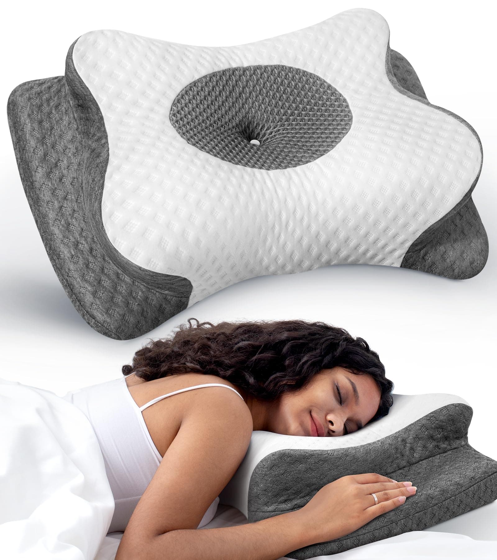 No More Aches Neck Pillow for Pain Relief, Adjustable Cervical Pillow for Neck Support with Armrest,Odorless Ergonomic Contour Memory Foam Pillows,Orthopedic Bed Pillow for Side Back Stomach LightGrey