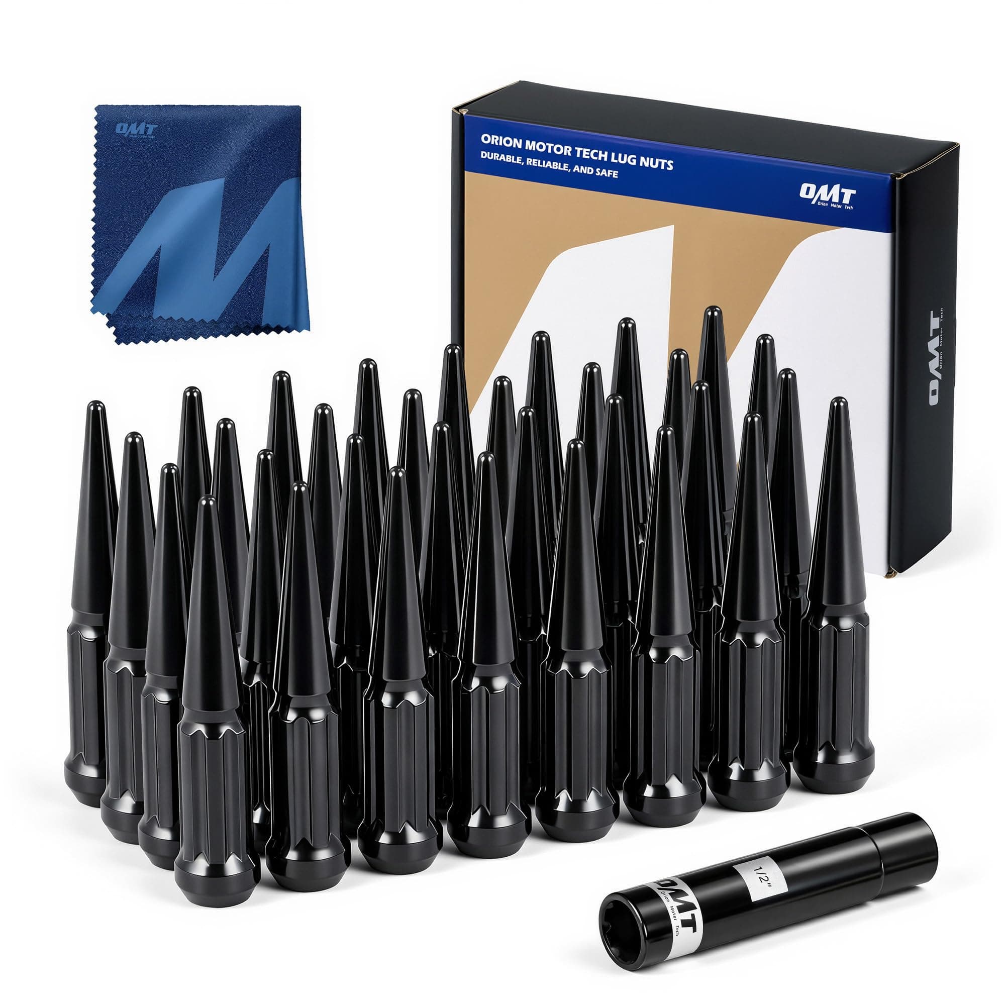 Orion Motor Tech 14x1.5 Lug Nuts Black 32 Piece, M14x1.5 Spike Lug Nuts Wheel Accessories Compatible with Chevy Silverado 2500hd 3500hd GMC Sierra Yukon Dodge Ram 2500 3500 Ford F250 F350