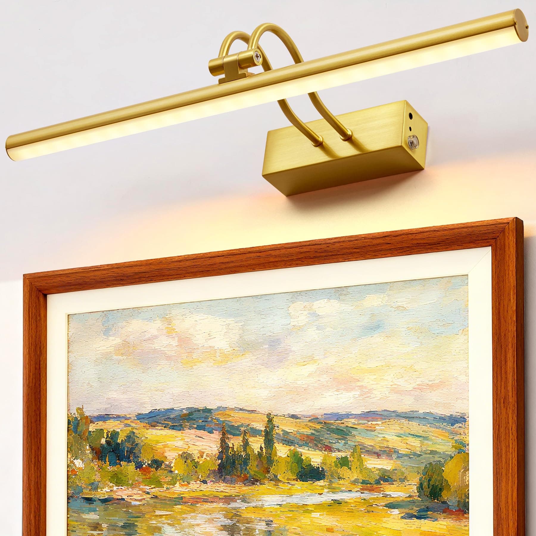 Picture Light, 16" Cordless Picture Lights for Wall with Timer and Dimmable, 5000mAh Battery Operated Wall Lights for Display Gallery Painting Art Frame Portrait - Plated Gold Metal