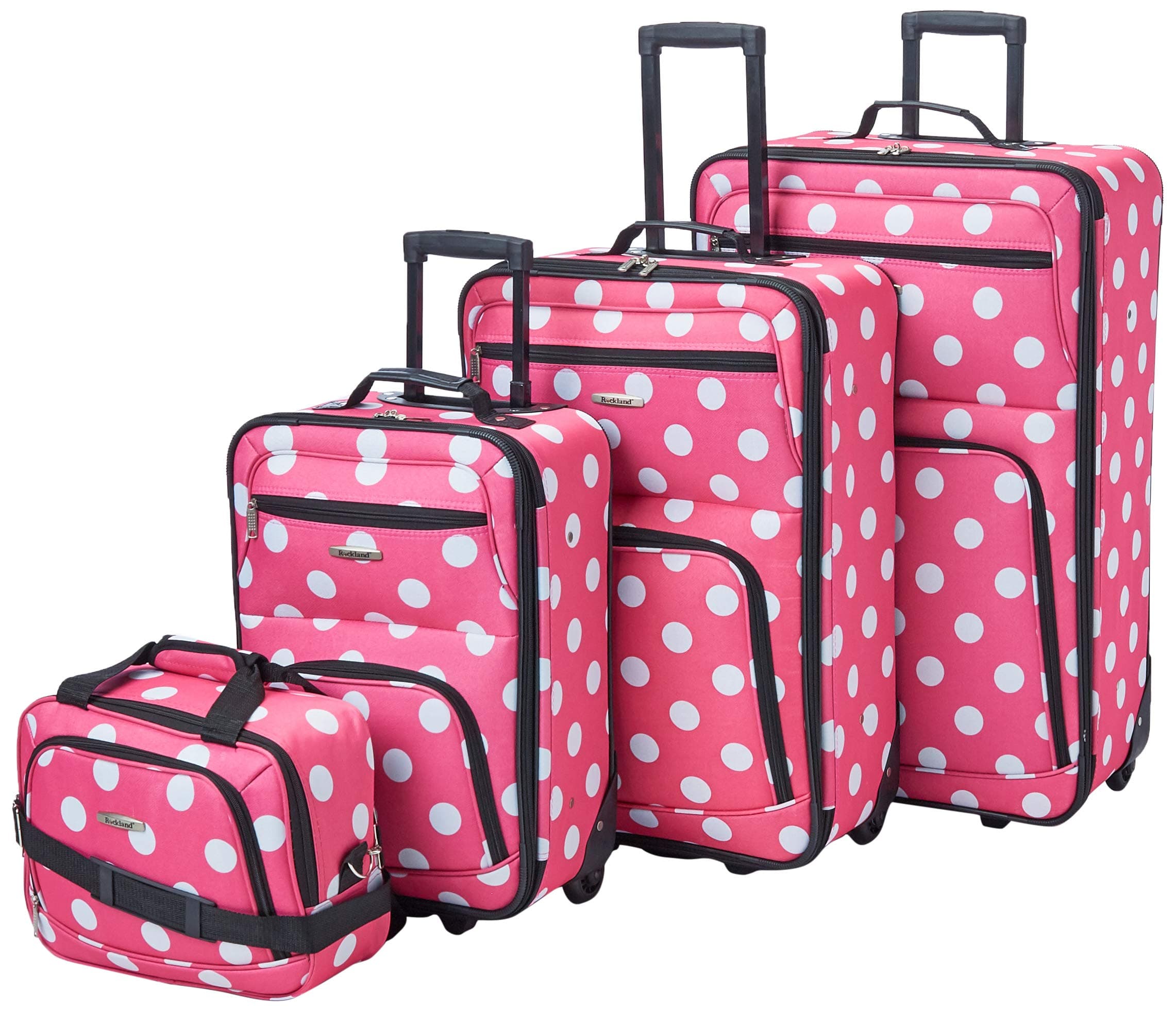 Rockland Polka Softside Upright Luggage Set, Expandable, Lightweight, Pink Dots, 4-Piece (14/19/24/28)