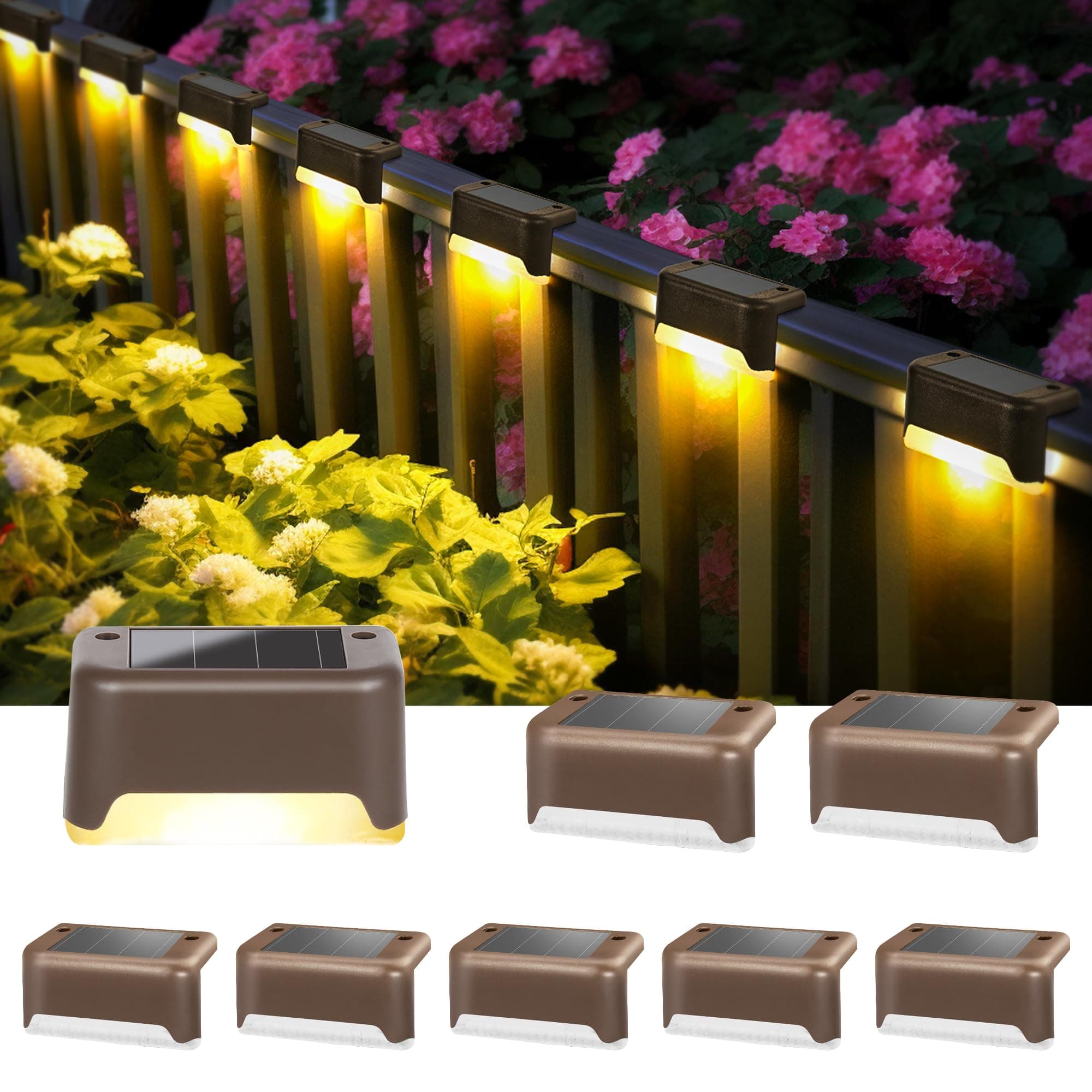Solpex Solar Deck Lights 8 Pack Solar Step Lights Outdoor Waterproof for Outdoor Stairs, Step, Fence, Yard, Patio, and Pathway(Brown,Warm White)