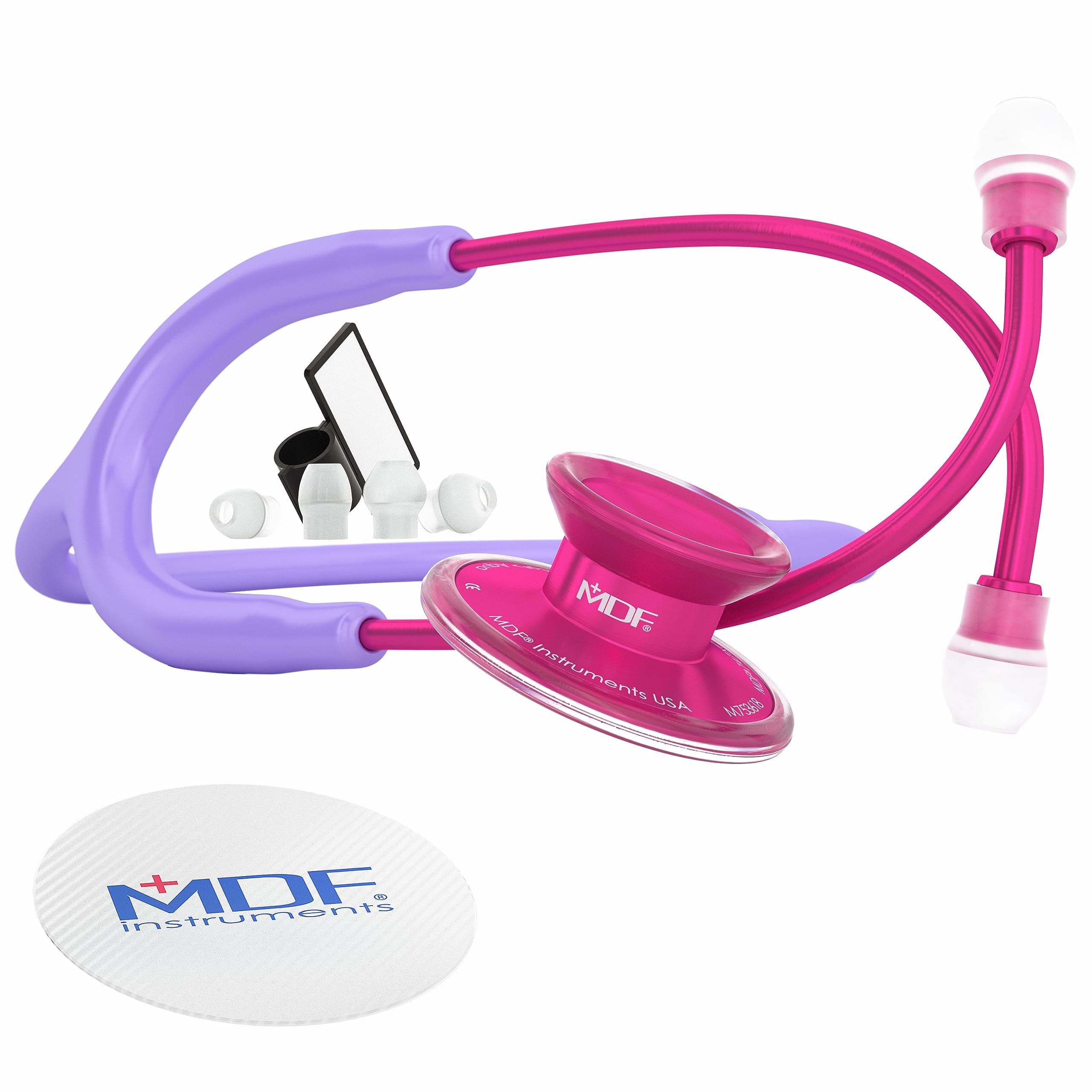 MDF Instruments, Acoustica Lightweight Stethoscope for Doctors, Nurses, Students, Home Health Use, Adult, Dual Head, Pastel Purple Tube, Pink Alloy Chestpiece-Headset, MDF747XPPA07
