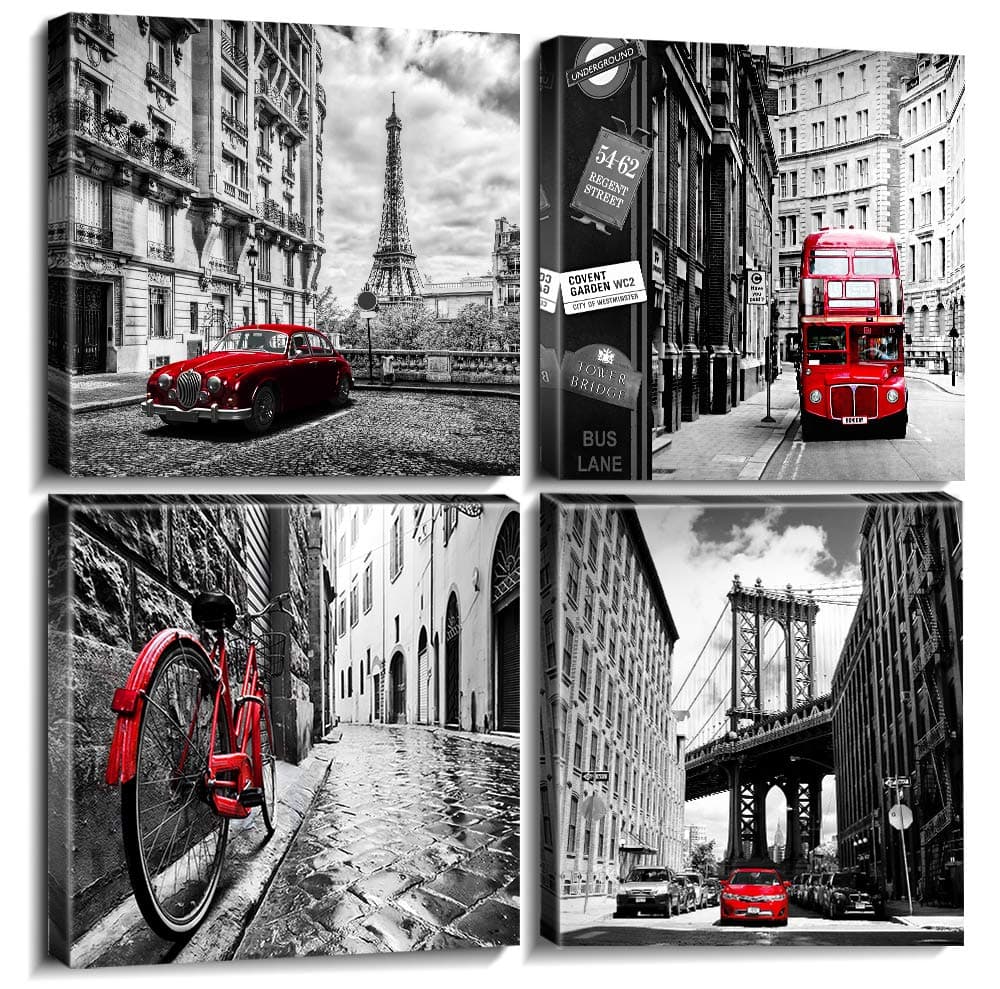 Bathroom Poster Wall Art Canvas Prints Home Decor Framed Black and White Pictures Red City Buildings Photo Modern Office Artwork Painting Ready to Hang 12inches × 12inches 4pcs