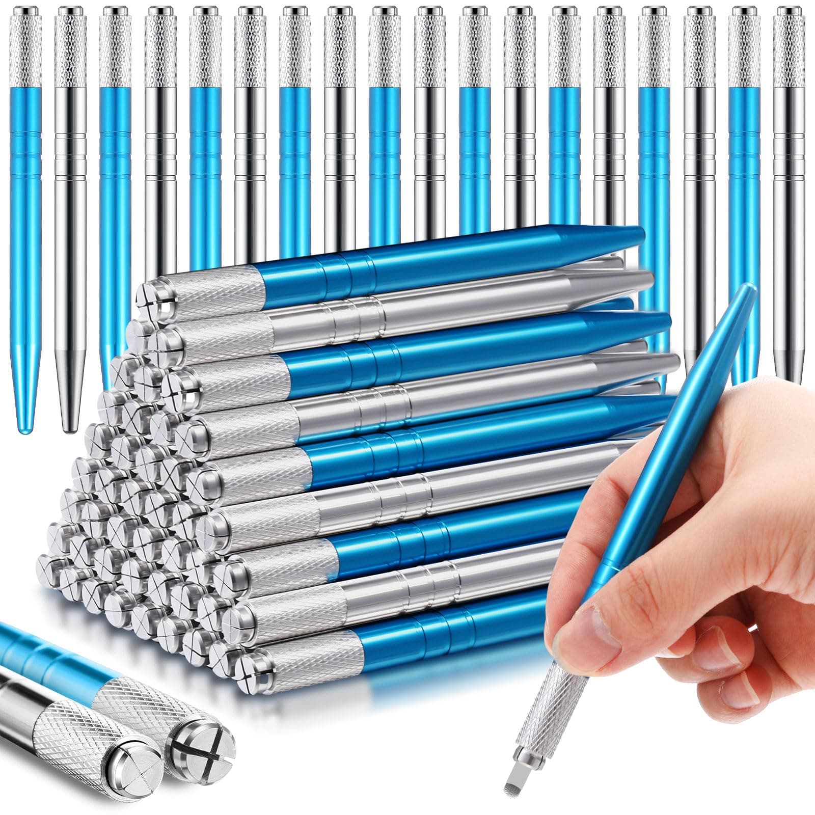 Gisafai50 Pcs Microblading Pen Manual Eyebrow Pens Microblade Supplies Microblade Pen Microblading Tool Holder Aluminum Microblading Hand Tools for Makeup Supplies Salons (Silver, Blue)