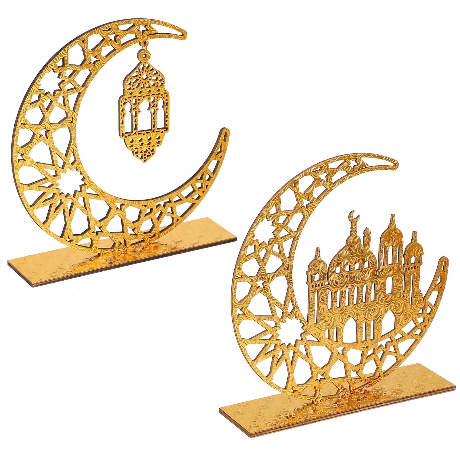 Wood Ramadan Decorations for Home Islamic Eid Mubarak Kareem Table Sign Moon Hollow Star Ornament for Muslim Party Tabletop Decor Art Craft Decoration Golden Moon 2 Pieces