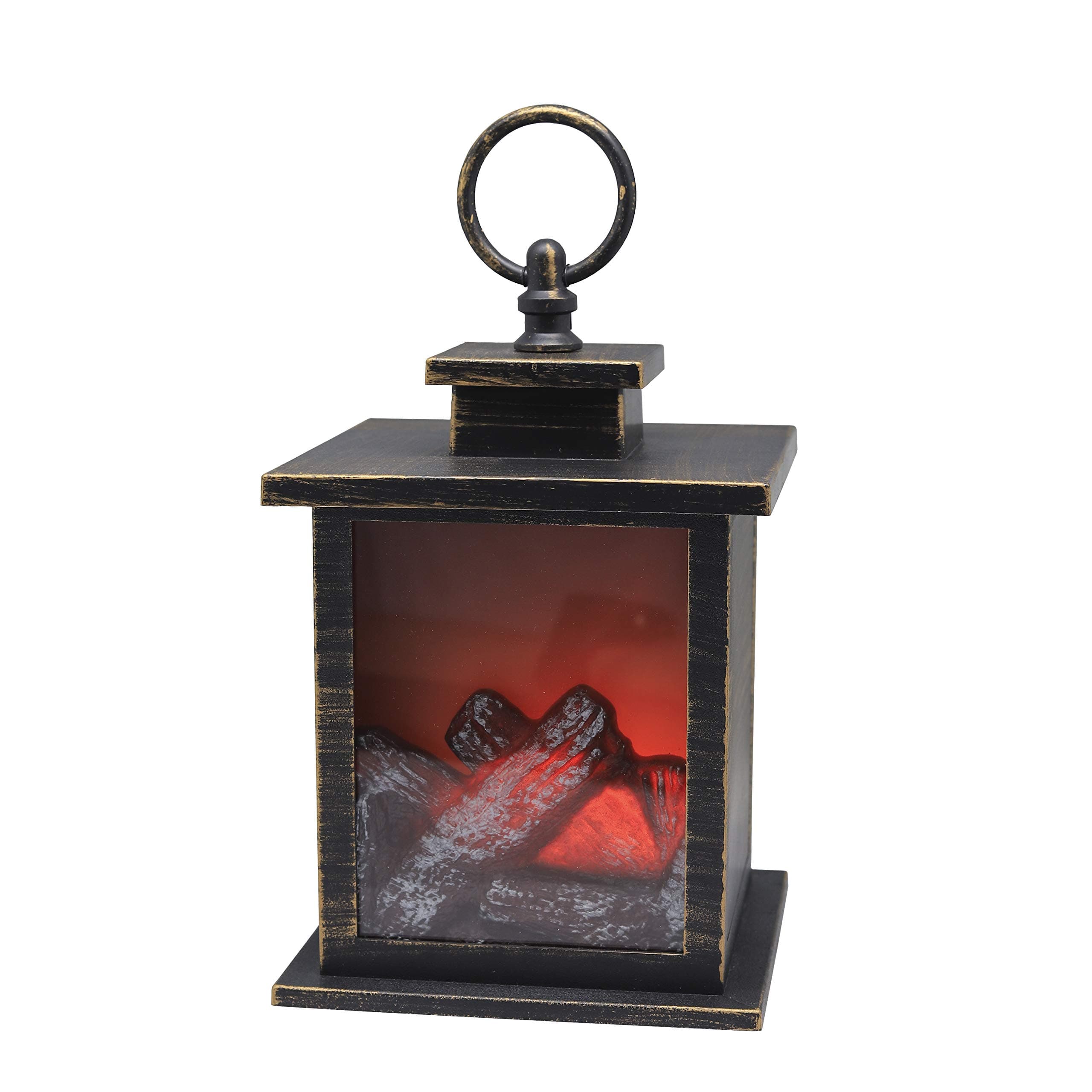 YAKii 7" H Fireplace Lantern with 6 Hours Timer Battery Operated, Hanging or Sitting Decoration for Indoor & Outdoor Use,Christmas Day Decoration Antique Copper Brushed