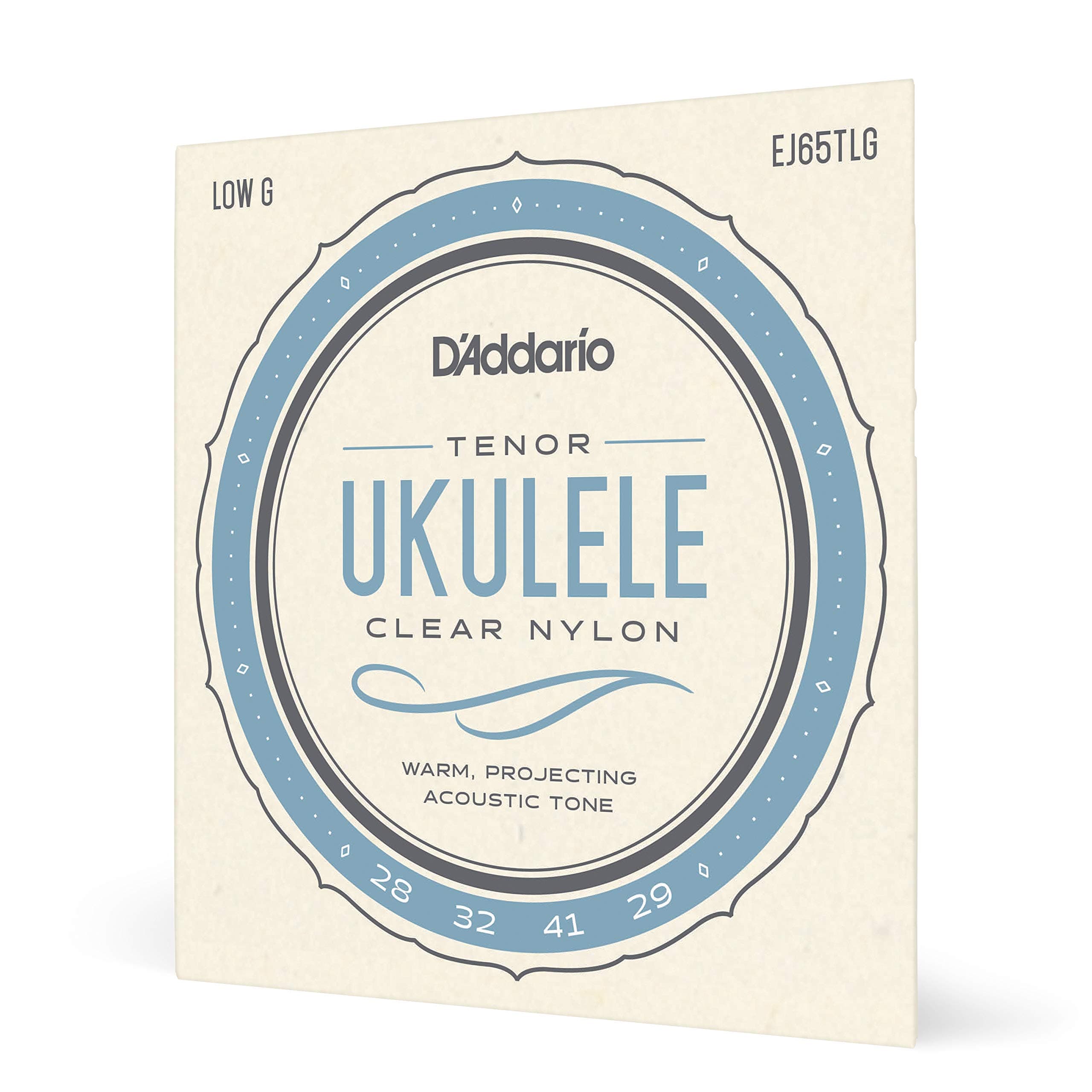 D'Addario Tenor Ukulele Strings, Clear Nylon, EJ65TLG, Low-G, 4-String Set, Pack of 1