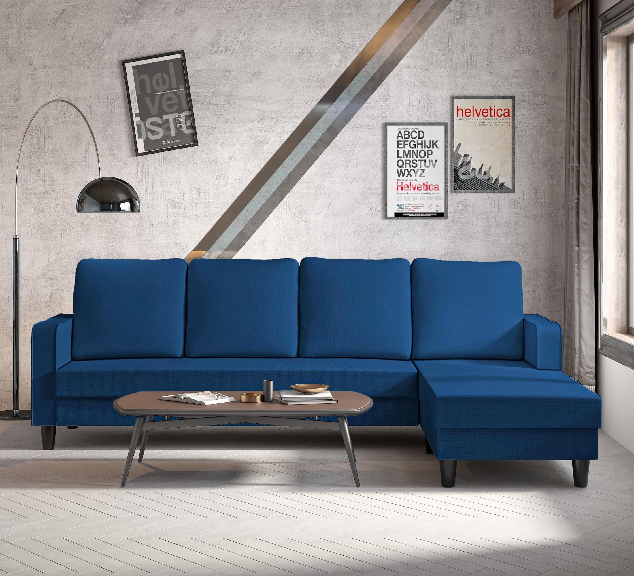 Adorn India Chandler Plain L Shape 5 Seater Sofa Set RHS (Blue) (3 Year Warranty)