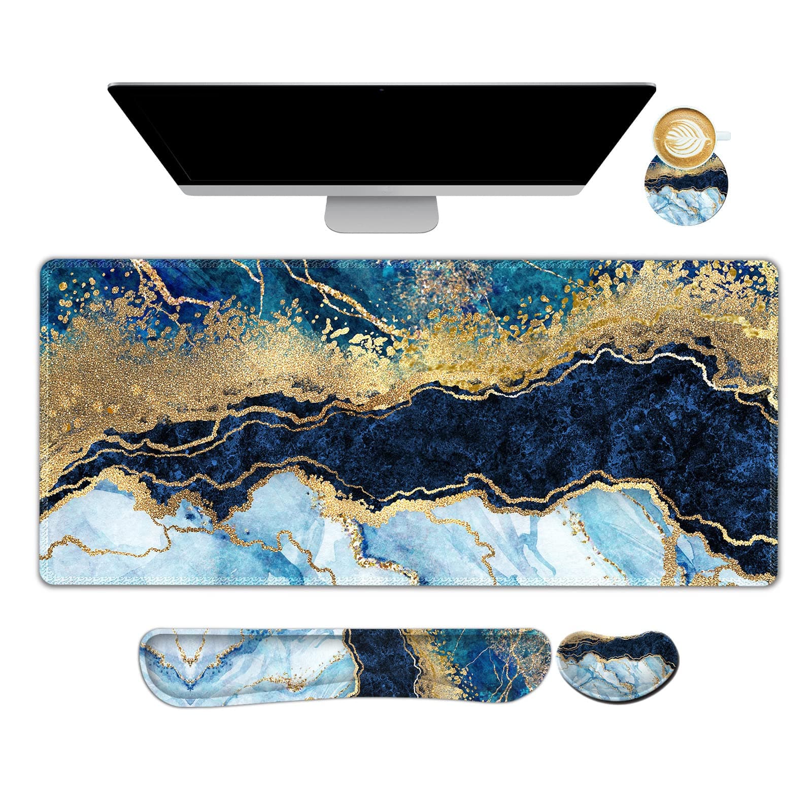 ARTSO Large Gaming Mouse Pad, Keyboard Wrist Rest Pad & Wrist Support Mousepad Set, Stitched Edge, Extended, Non-Slip Base, Memory Foam,Multifunctional Desk Mat 4pcs for Office & Home, Blue Marble