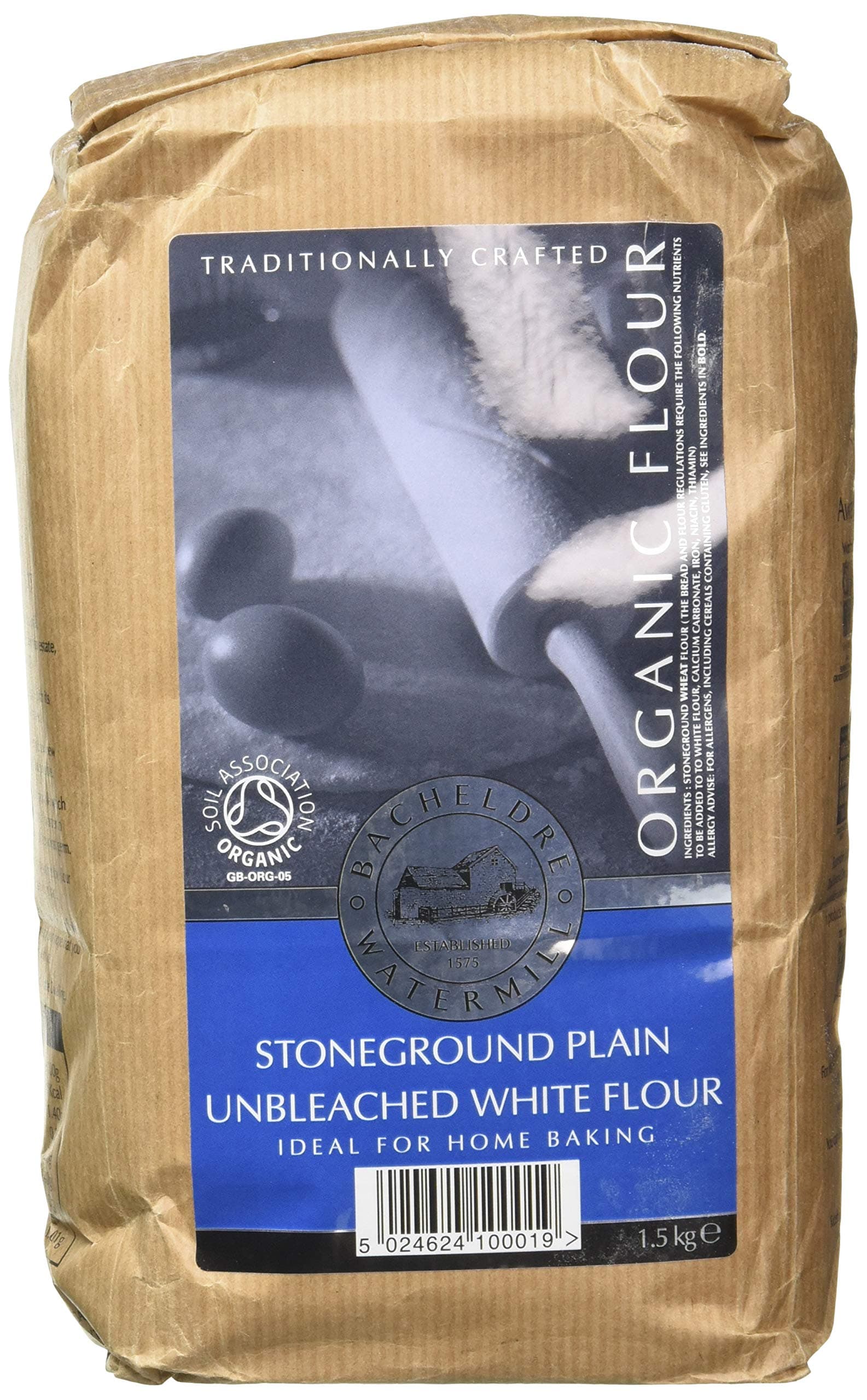 Bacheldre Watermill Organic Stoneground Plain Unbleached White Flour 1.5 kg (Pack of 5)