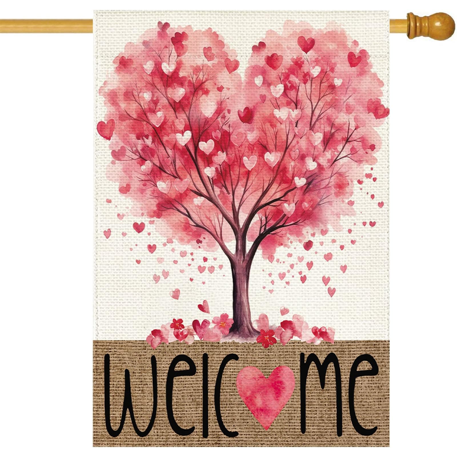 Baccessor Valentines Day House Flag, Pink Welcome Love Tree Flags Valentine's Day 28x40 Inch Flags Double Sided Burlap Yard Flag Holiday Seasonal Anniversary Wedding Outdoor Outside Decoration