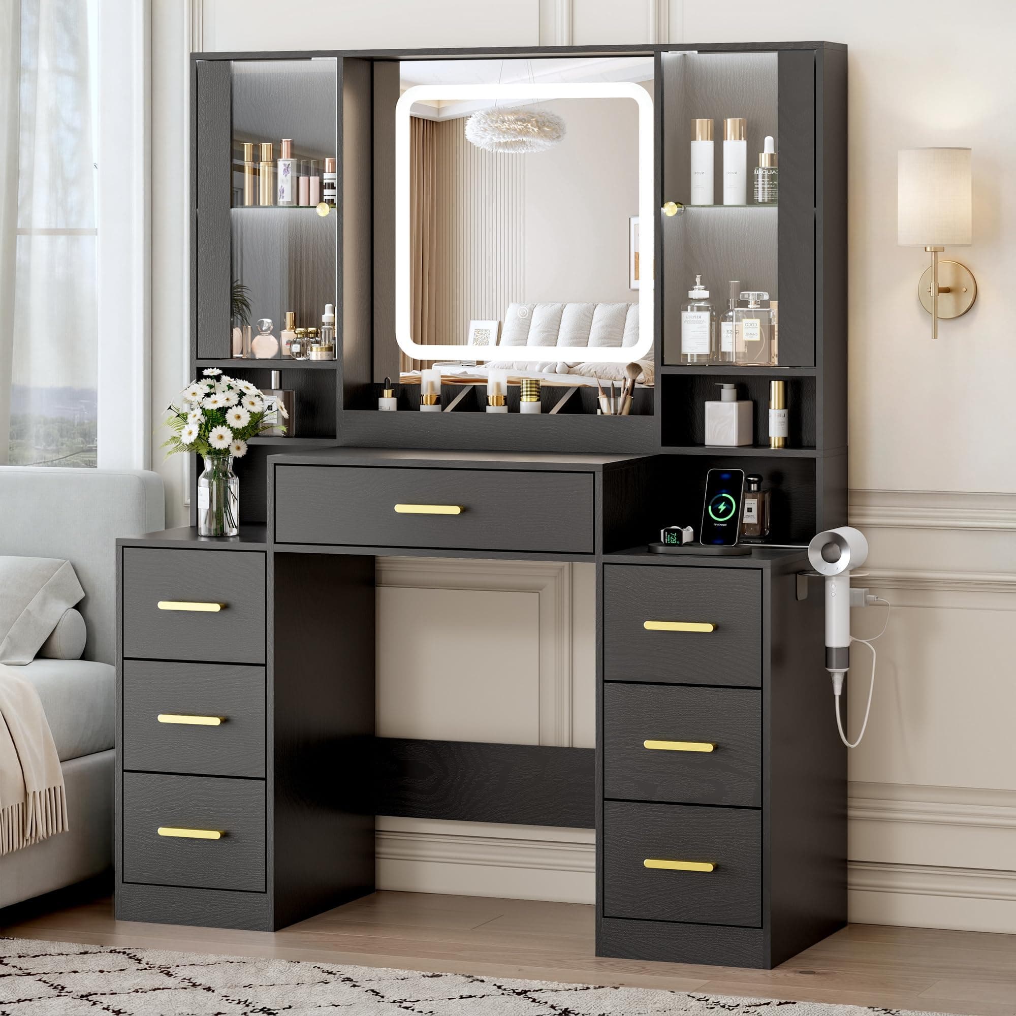 Vanity Desk with Mirror and Lights, Makeup Vanity with 7 Drawers, 2 Glass Door Cabinets, Charging Station, Adjustable Shelves, RGB Lighting, Hair Dryer Holder