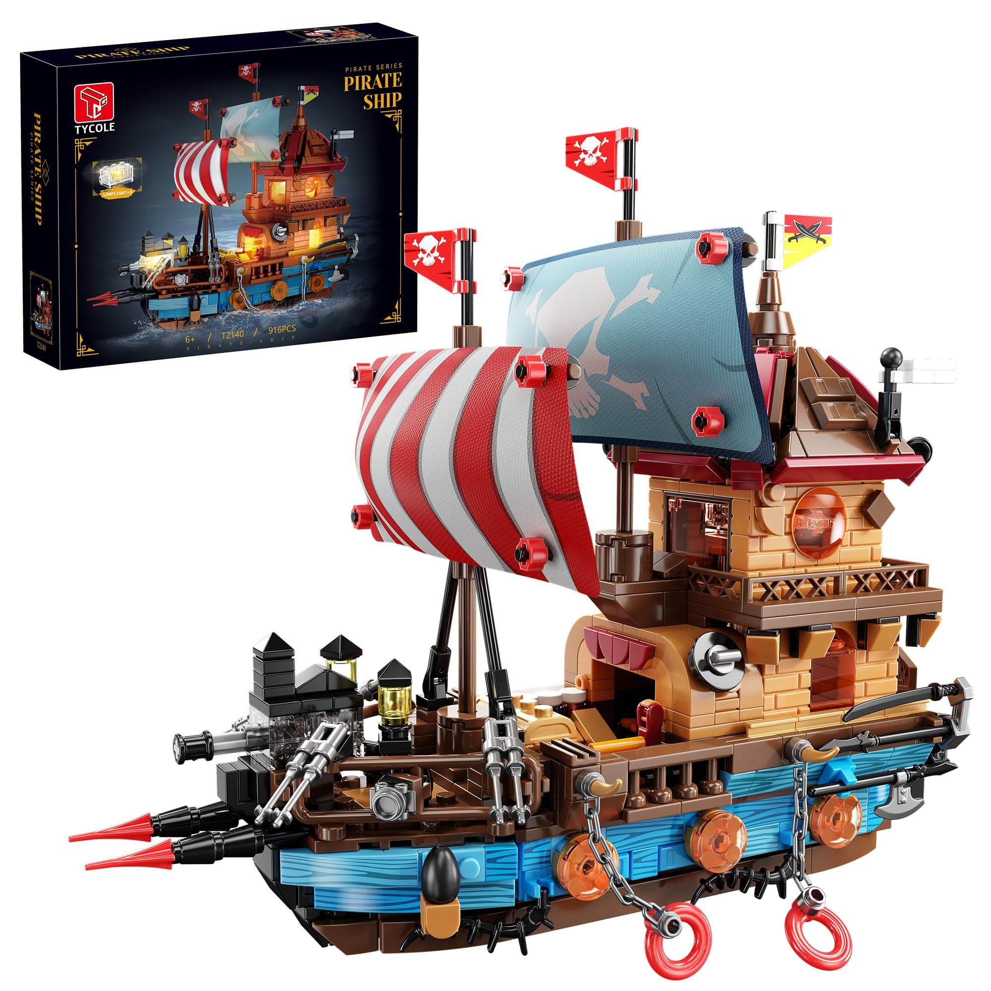 Pirate Ship Building Kit (916 Pcs) with LED Lights - Standard Brick - Compatible Creative Pirate Toy Model - Ideal Gift for Kids, Teens, Adults & Boys Ages 8-12 (Birthday/Christmas/Party)