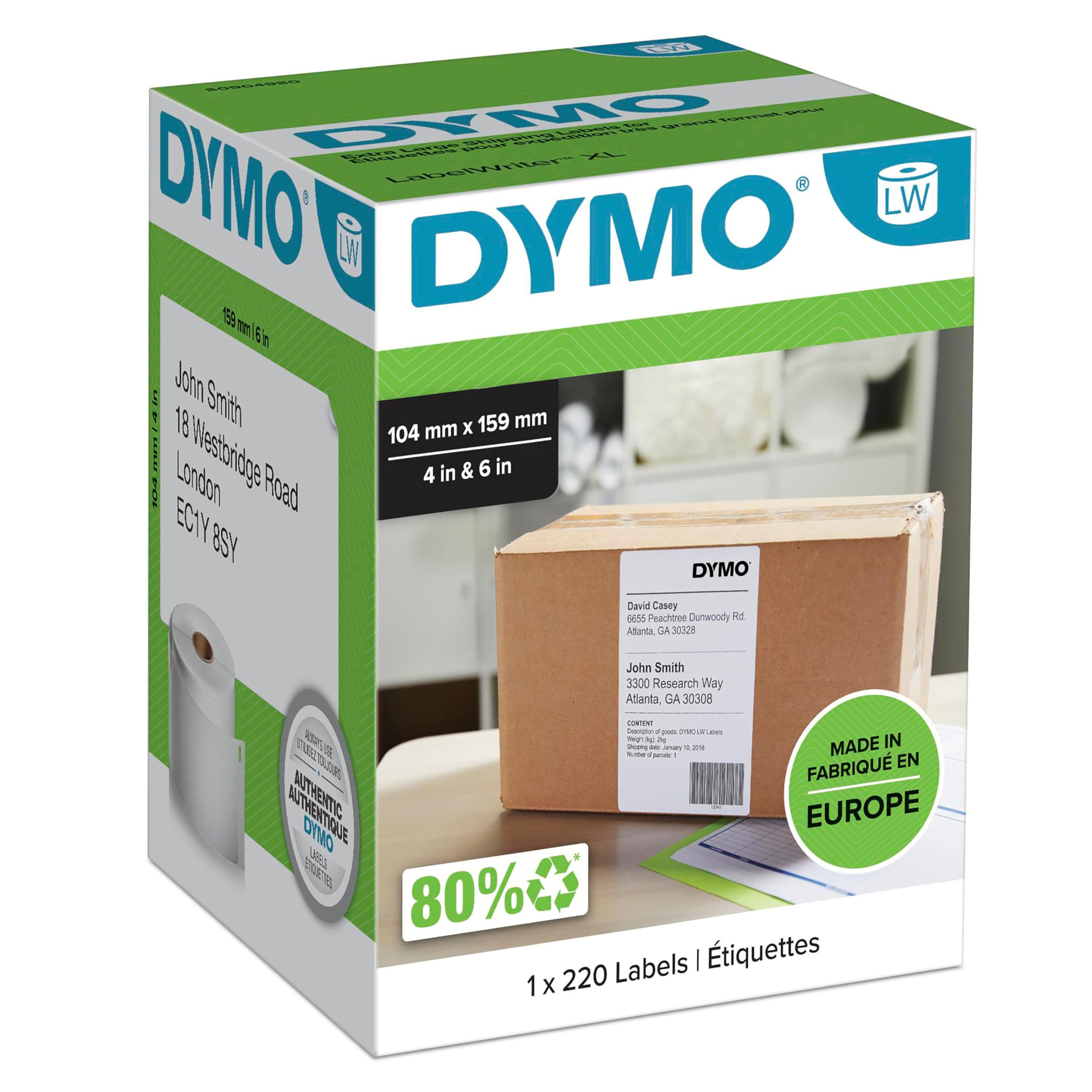 DYMO Authentic LabelWriter Extra Large Shipping Labels | 104 mm x 159 mm | Self Adhesive | Roll of 220 Easy-Peel Labels | for LabelWriter 4XL/5XL Label Makers