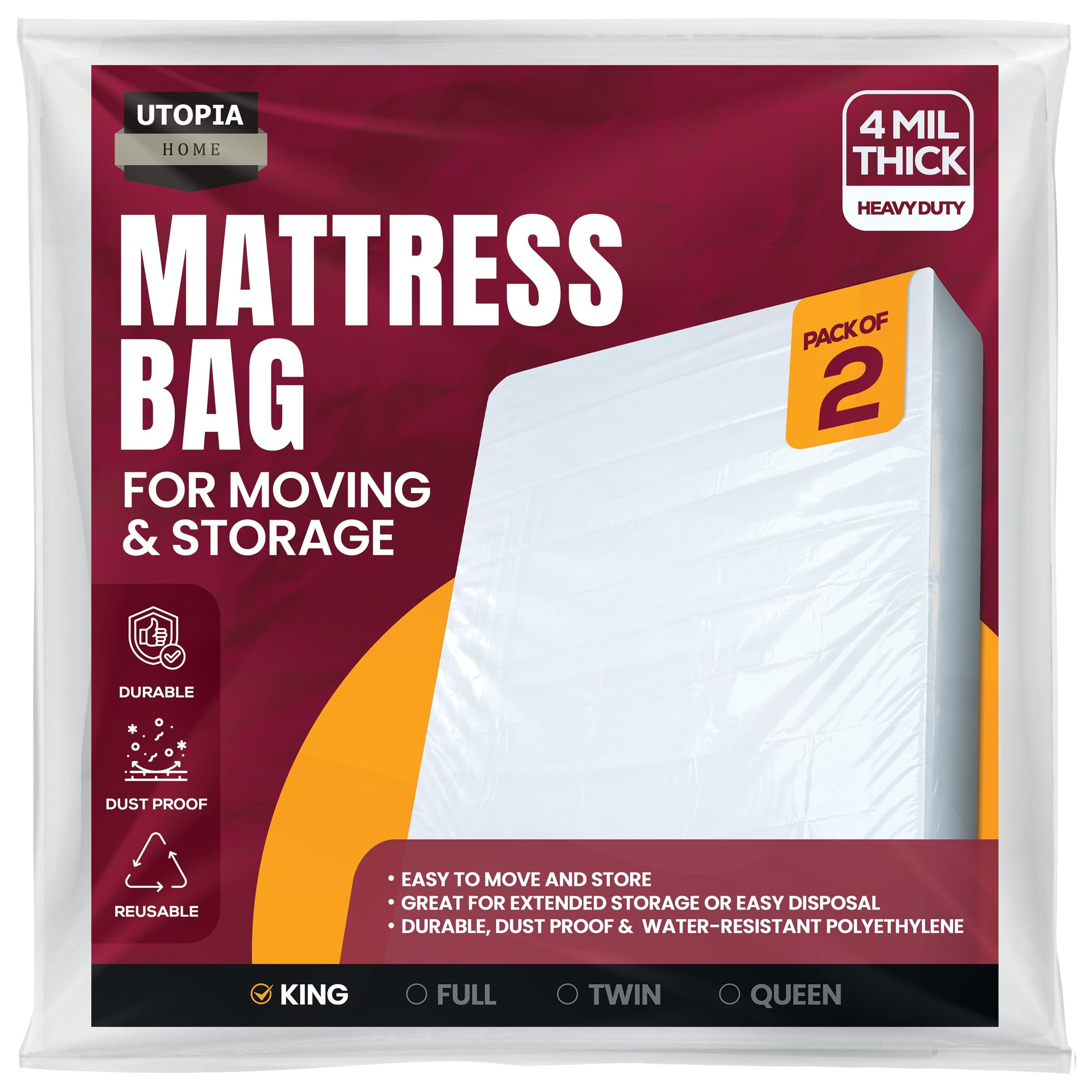 Utopia Home King Size Mattress Cover for Moving (2 Pack), 4 Mil Heavy Duty Plastic Mattress Bag for Disposal, Mattress Encasement Fits Mattresses up to 14 Inches, Mattress Bags for Moving